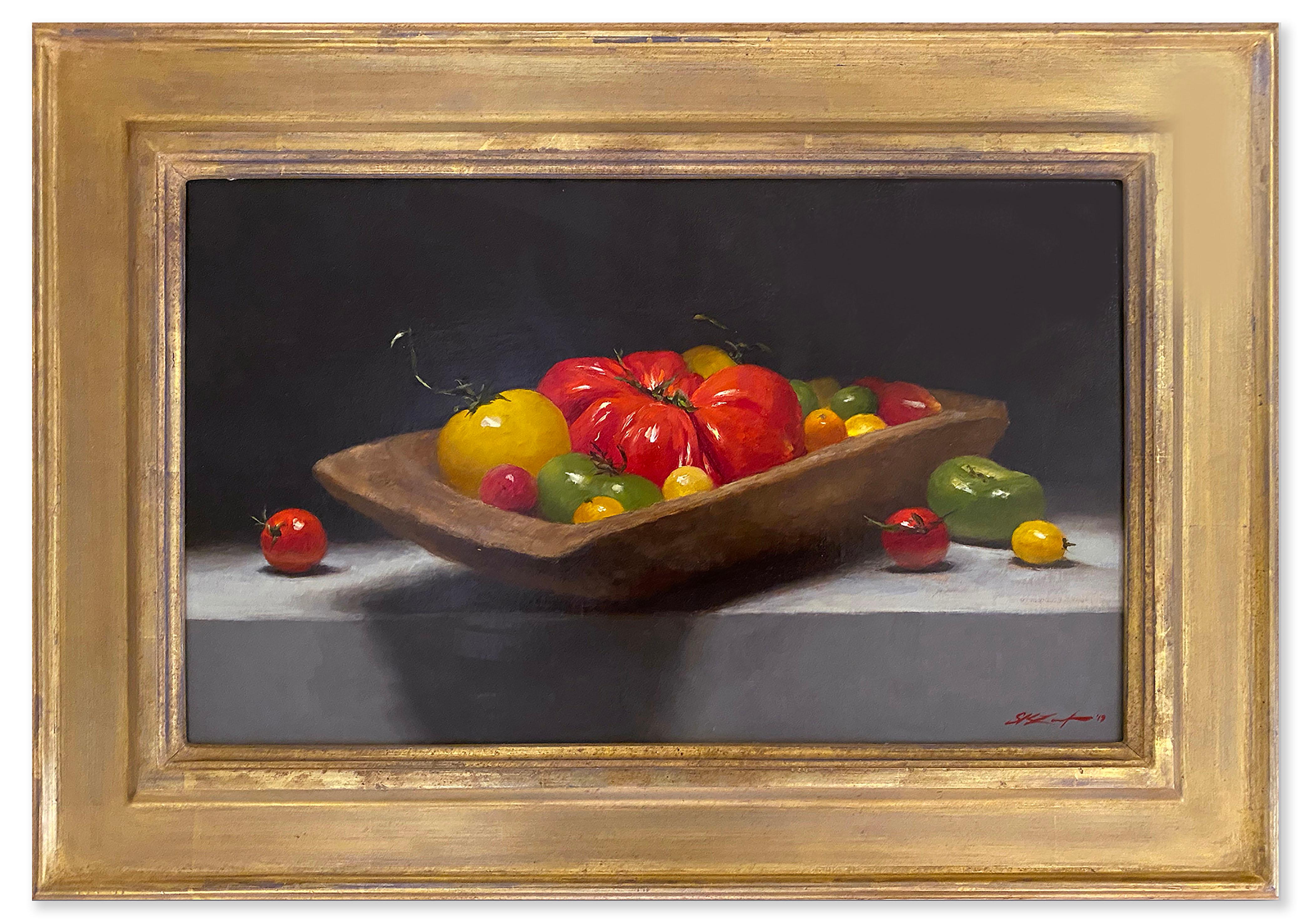 Heirloom Tomatoes (still life, fresh, full-bodied, orange-red, yellow, green) - Painting by Sarah Lamb