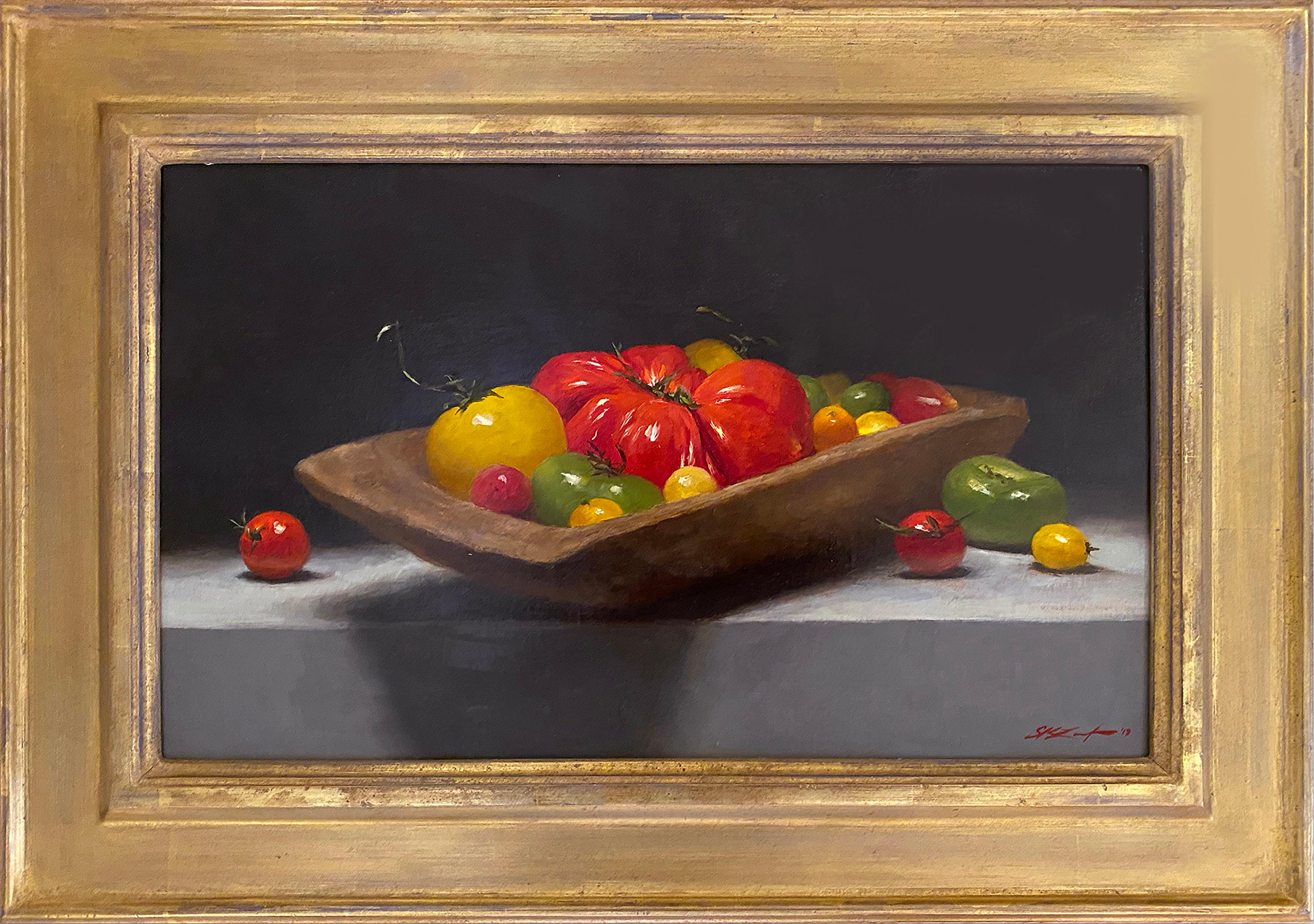 Sarah Lamb Still-Life Painting - Heirloom Tomatoes (still life, fresh, full-bodied, orange-red, yellow, green)