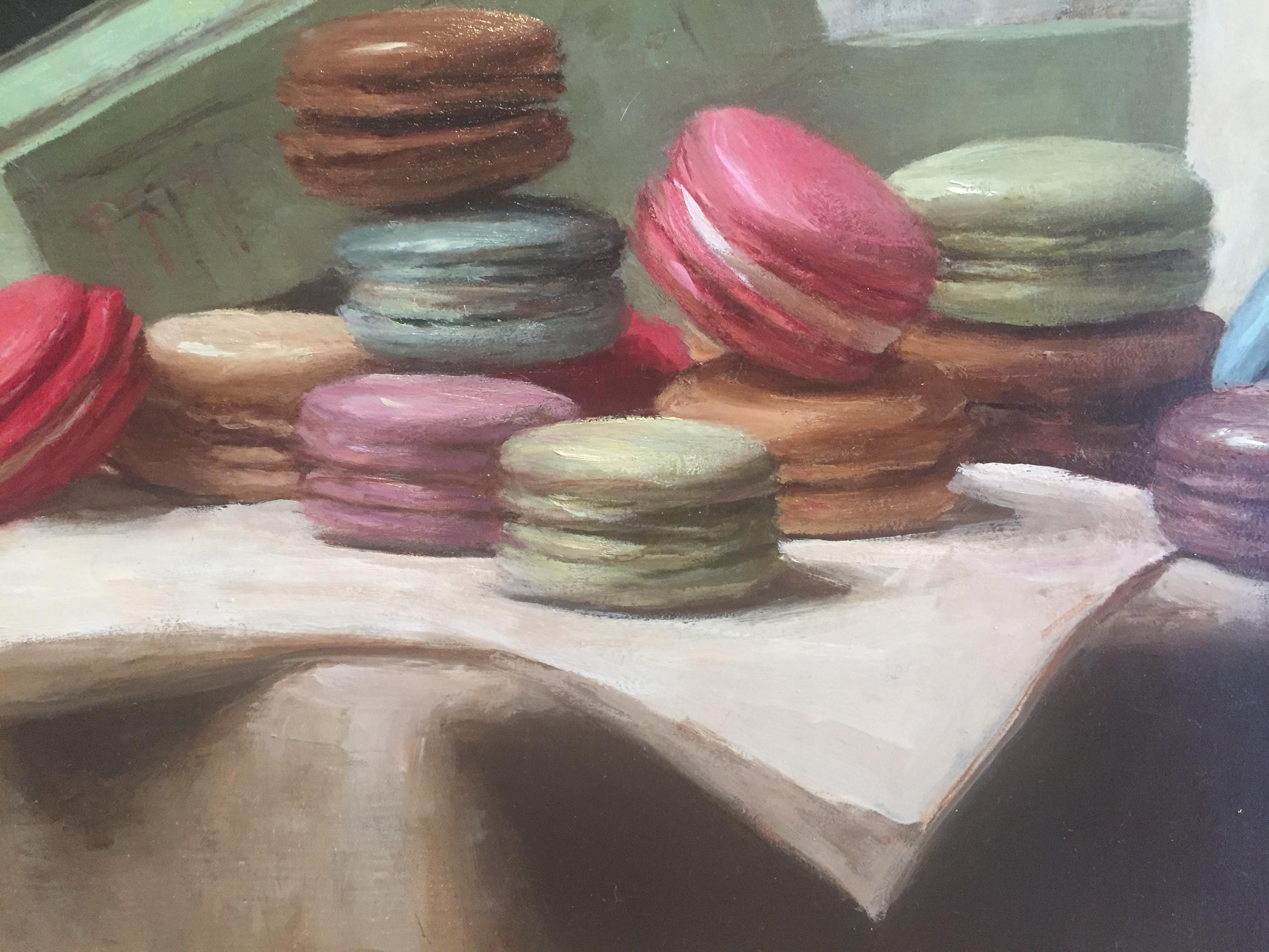 Laudrèe Macarons and Milk - Black Still-Life Painting by Sarah Lamb