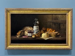 "Le Petit Déjeuner" Ölgemälde, Realistisches Stilleben, Milch, Brot & Marmelade, gerahmt