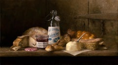 "Le Petit Déjeuner" Ölgemälde, Realistisches Stilleben, Milch, Brot & Marmelade, gerahmt