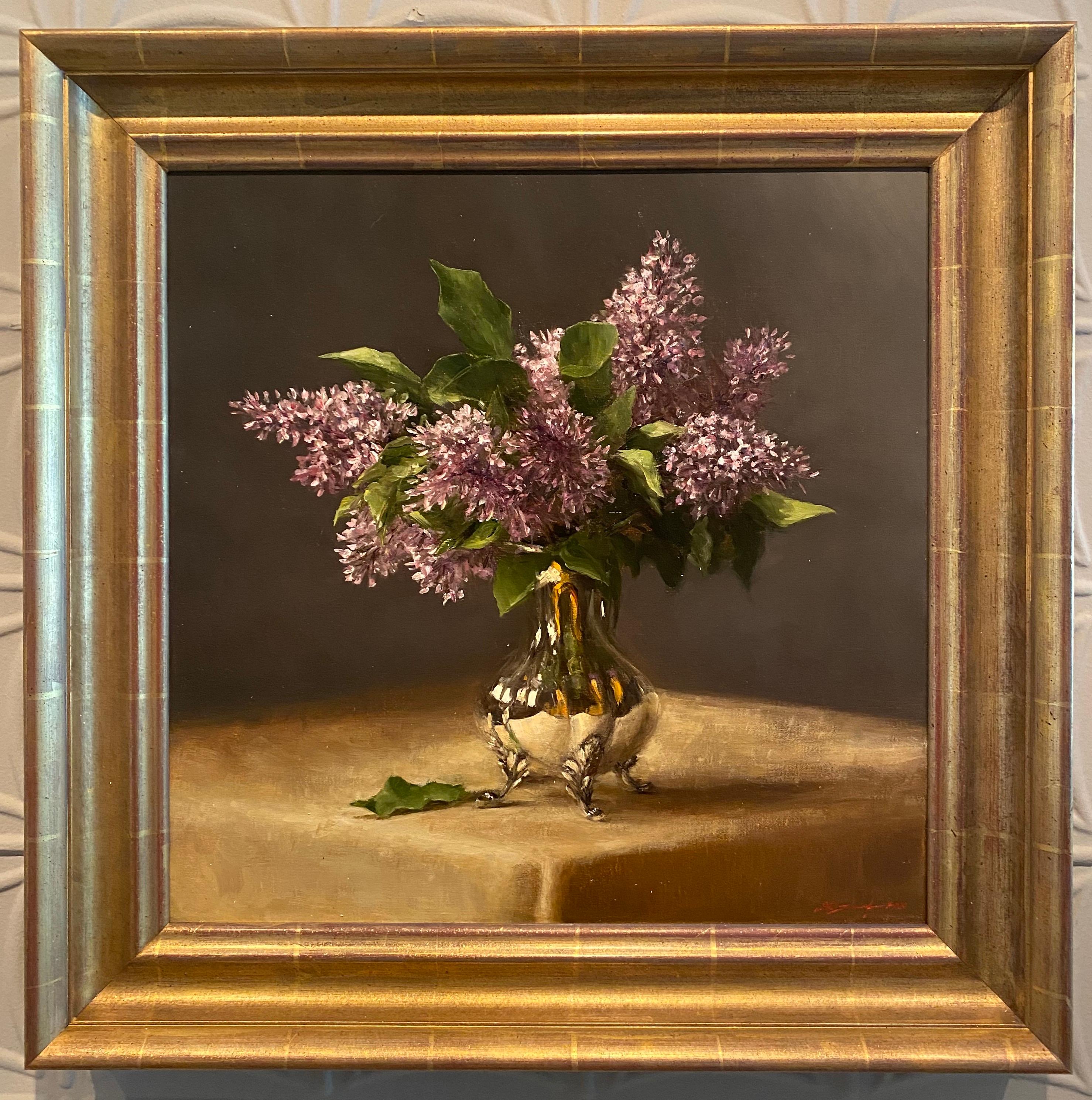 Lilacs in Silver - Painting by Sarah Lamb