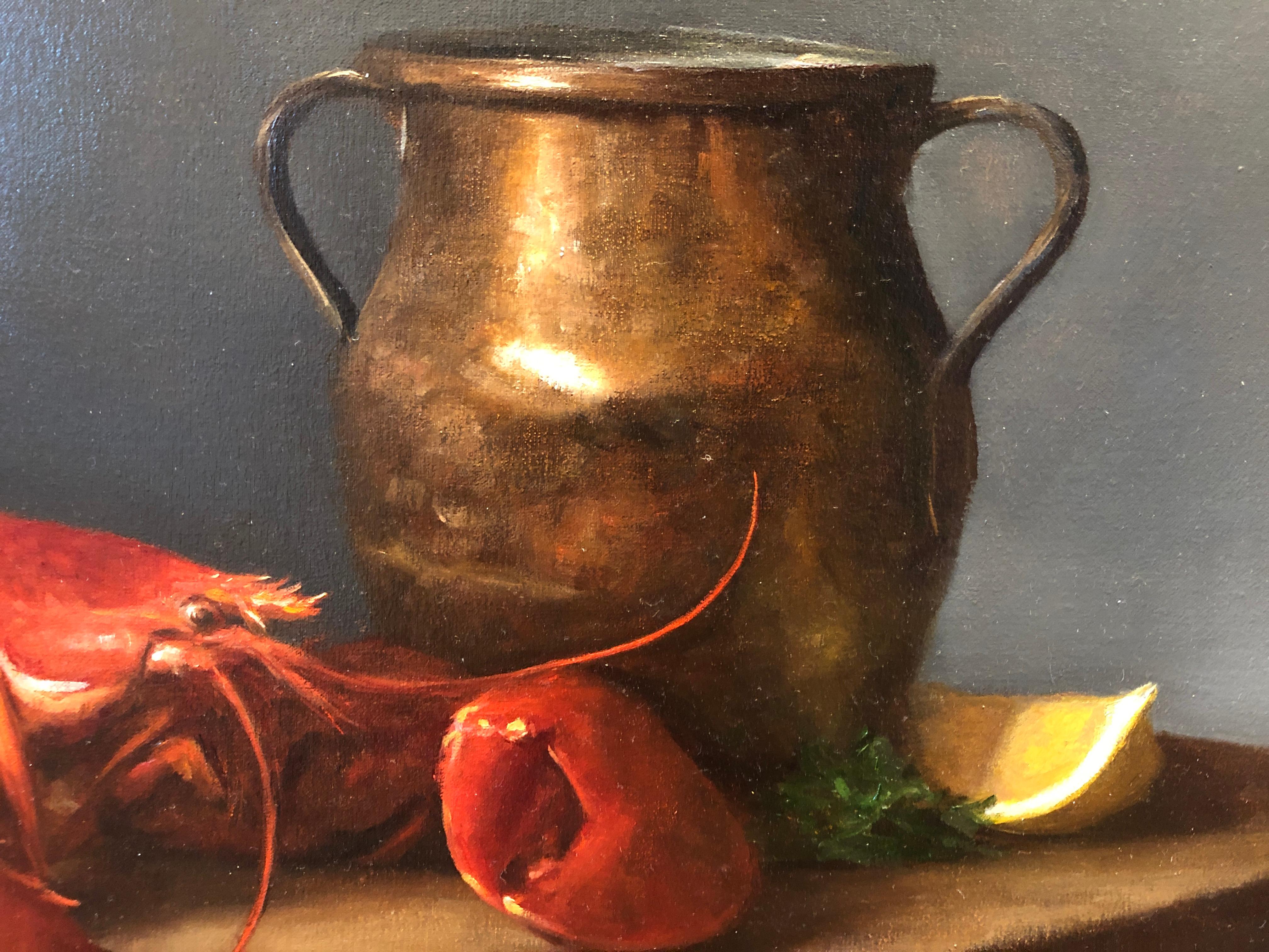Lobster and Copper Pot - American Realist Painting by Sarah Lamb