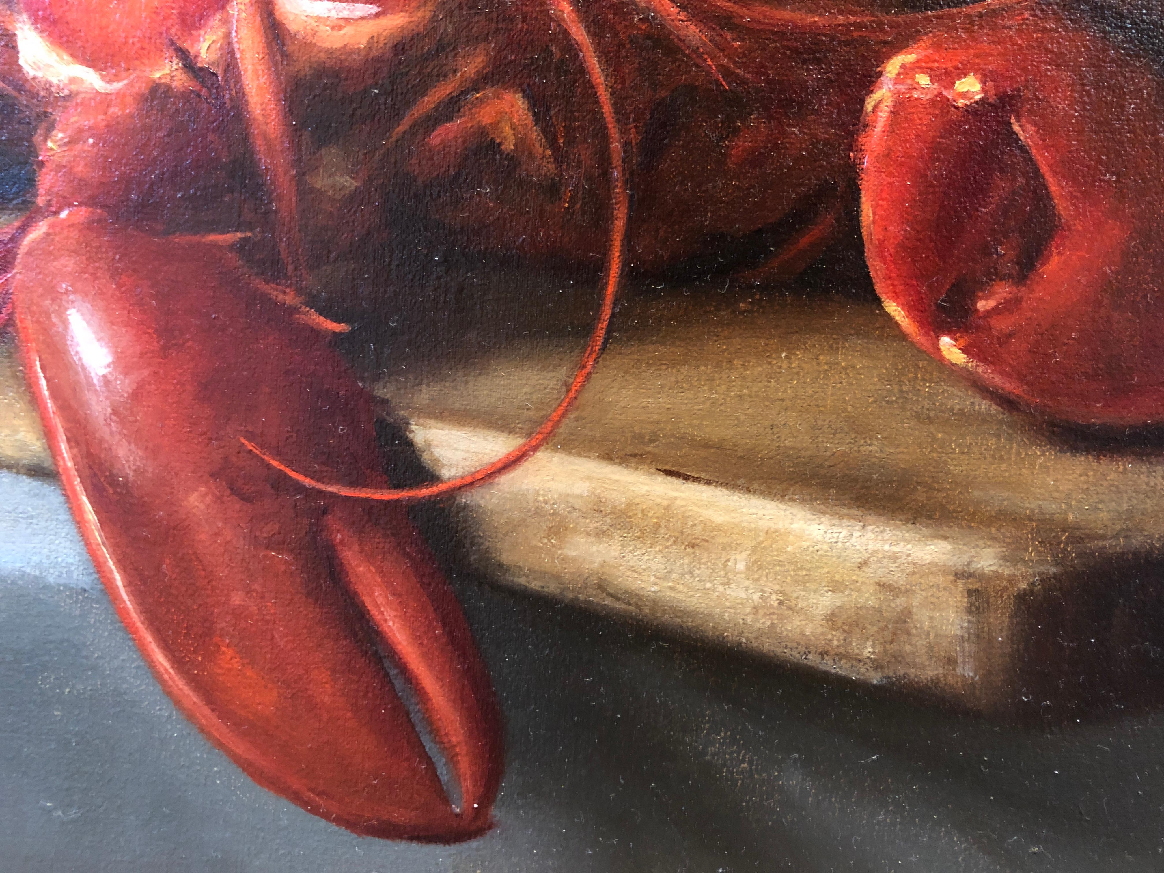 Painted from life in her studio, Sarah Lamb captures a bright red cooked lobster, garnished with a lemon wedge and a ramekin of butter. A large copper pot balances the composition with its voluptuous vertical form. Painted in the realistic style of