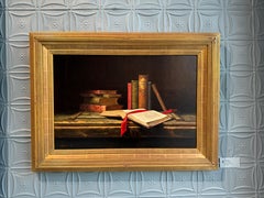 "Vieux livres" peinture à l'huile, nature morte traditionnelle, littérature avec ruban rouge.