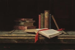 “Old Books” oil painting, traditional still life, literature with red ribbon