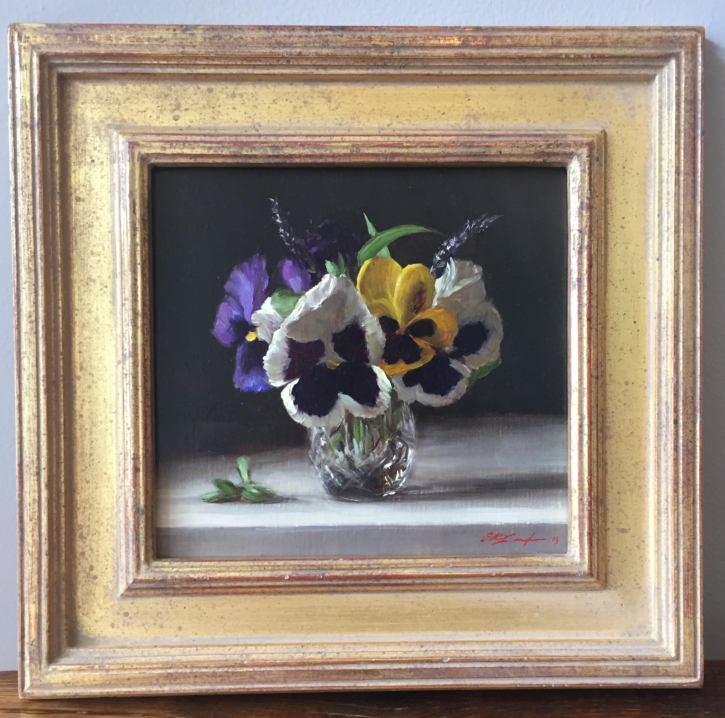 Pansies in a Glass Jigger - Painting by Sarah Lamb