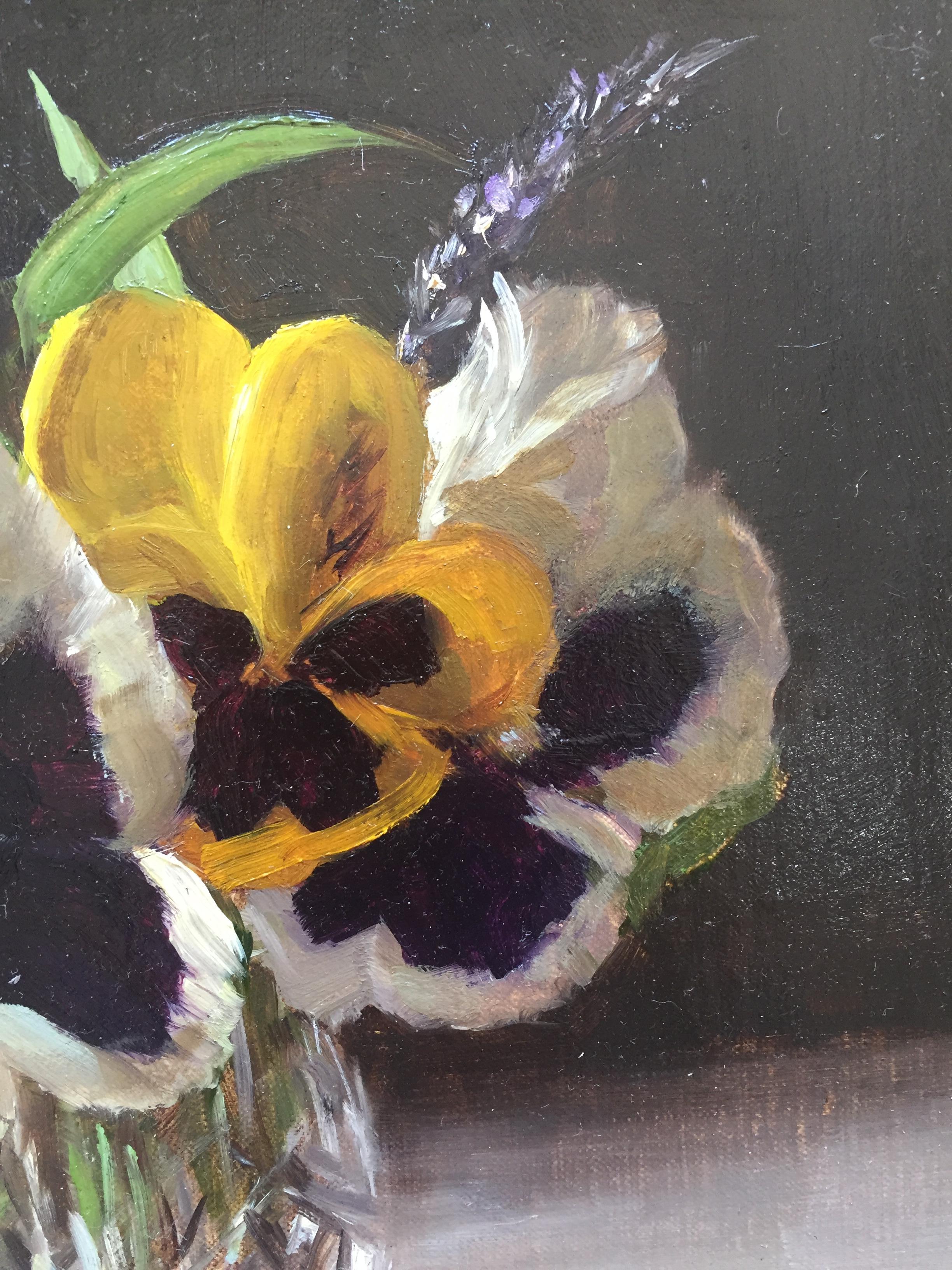 Pansies in a Glass Jigger - Black Portrait Painting by Sarah Lamb