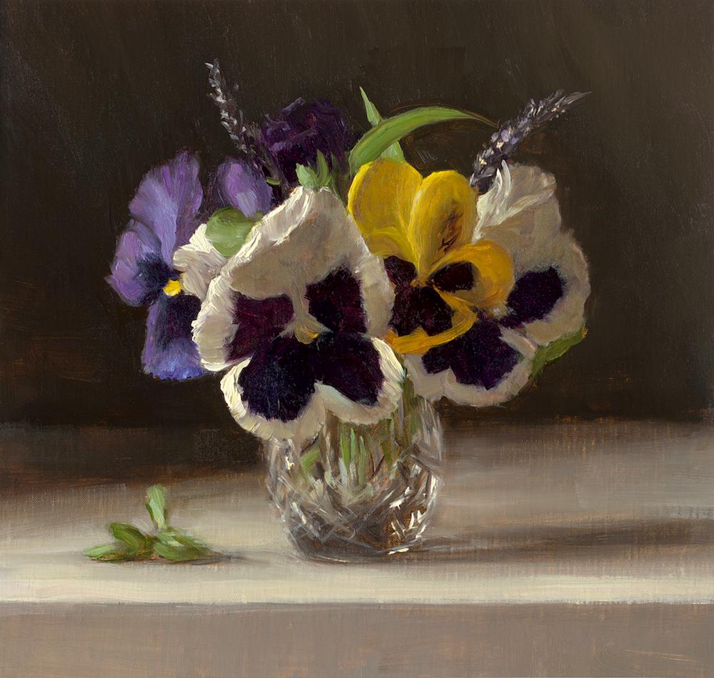 Sarah Lamb Portrait Painting - Pansies in a Glass Jigger
