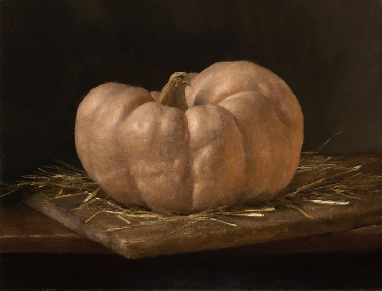 Sarah Lamb Interior Painting - "Peachy Pumpkin" interior realist still life painted from life, orange and black