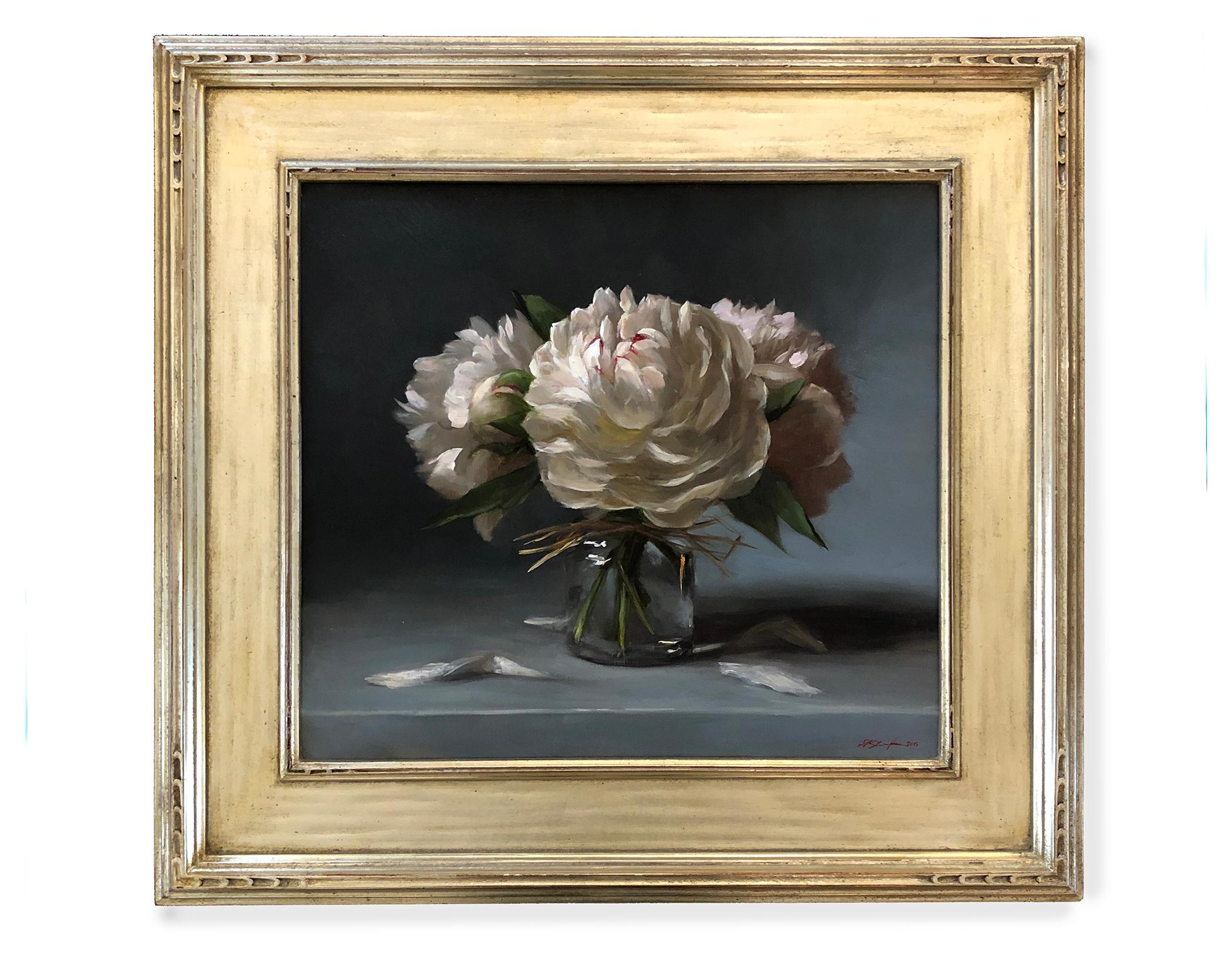 Peonies (flowers, vase, gray, white) - Painting by Sarah Lamb