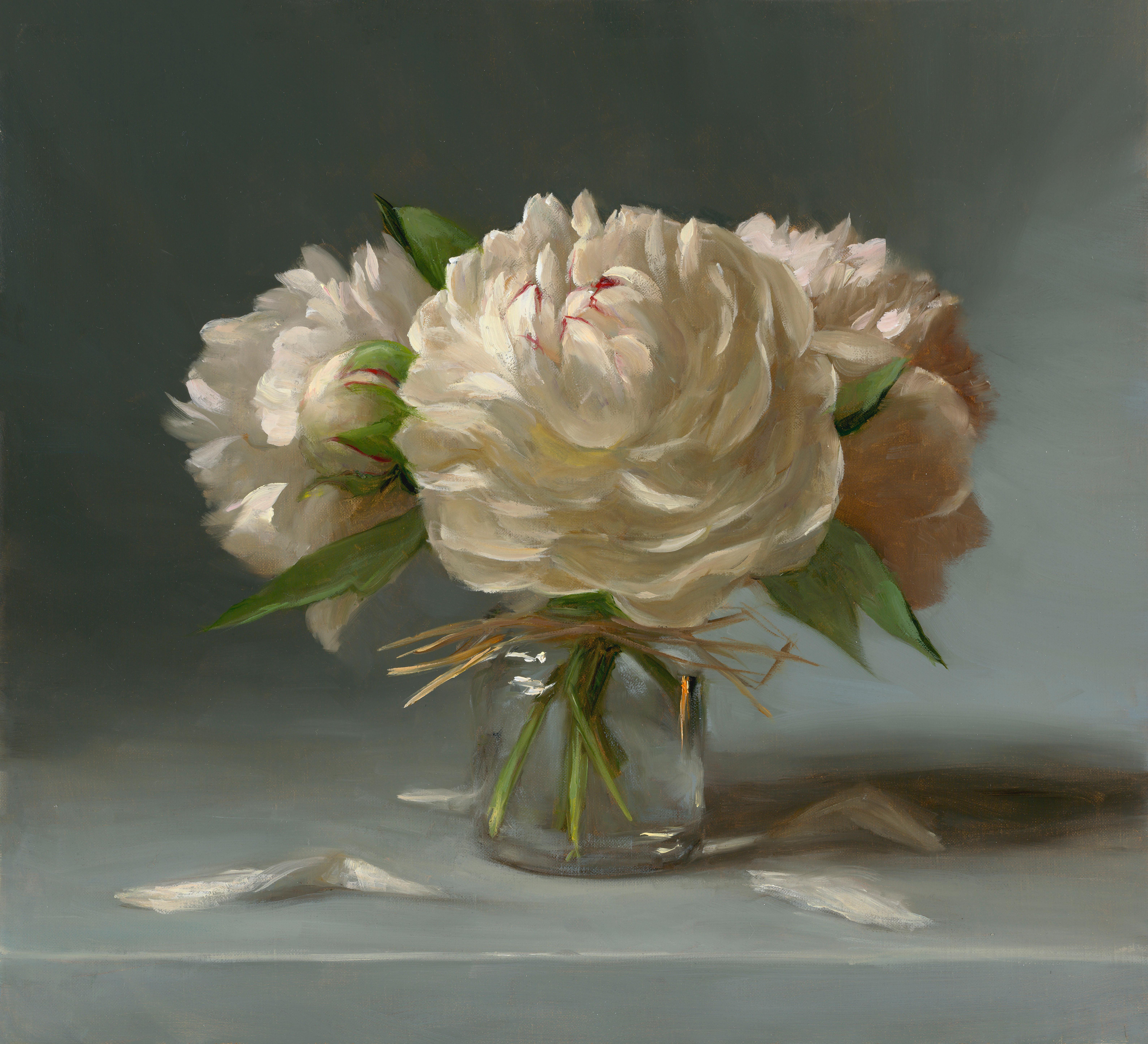 Sarah Lamb Still-Life Painting - Peonies (flowers, vase, gray, white)