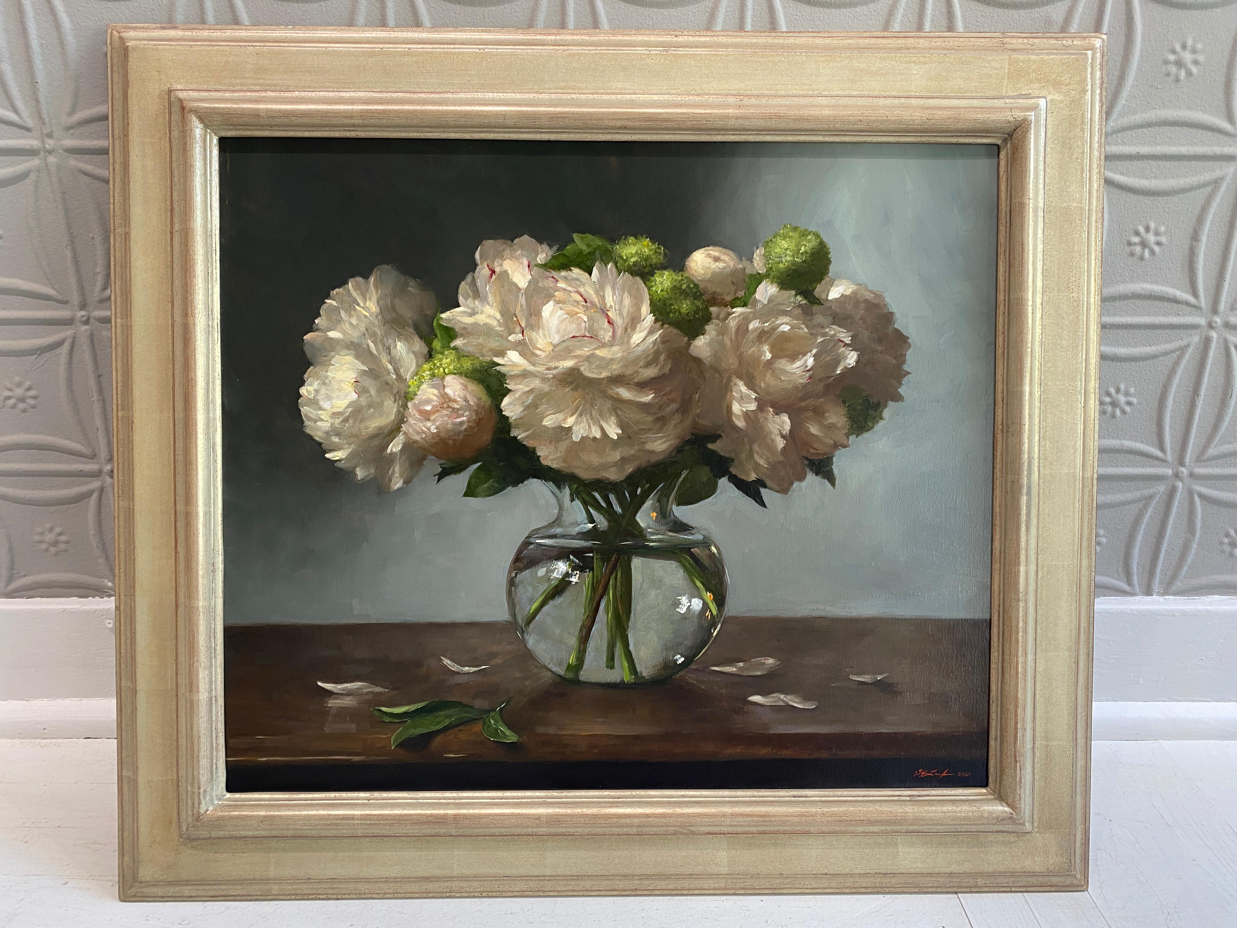 Peonies in Glass Vase - Painting by Sarah Lamb