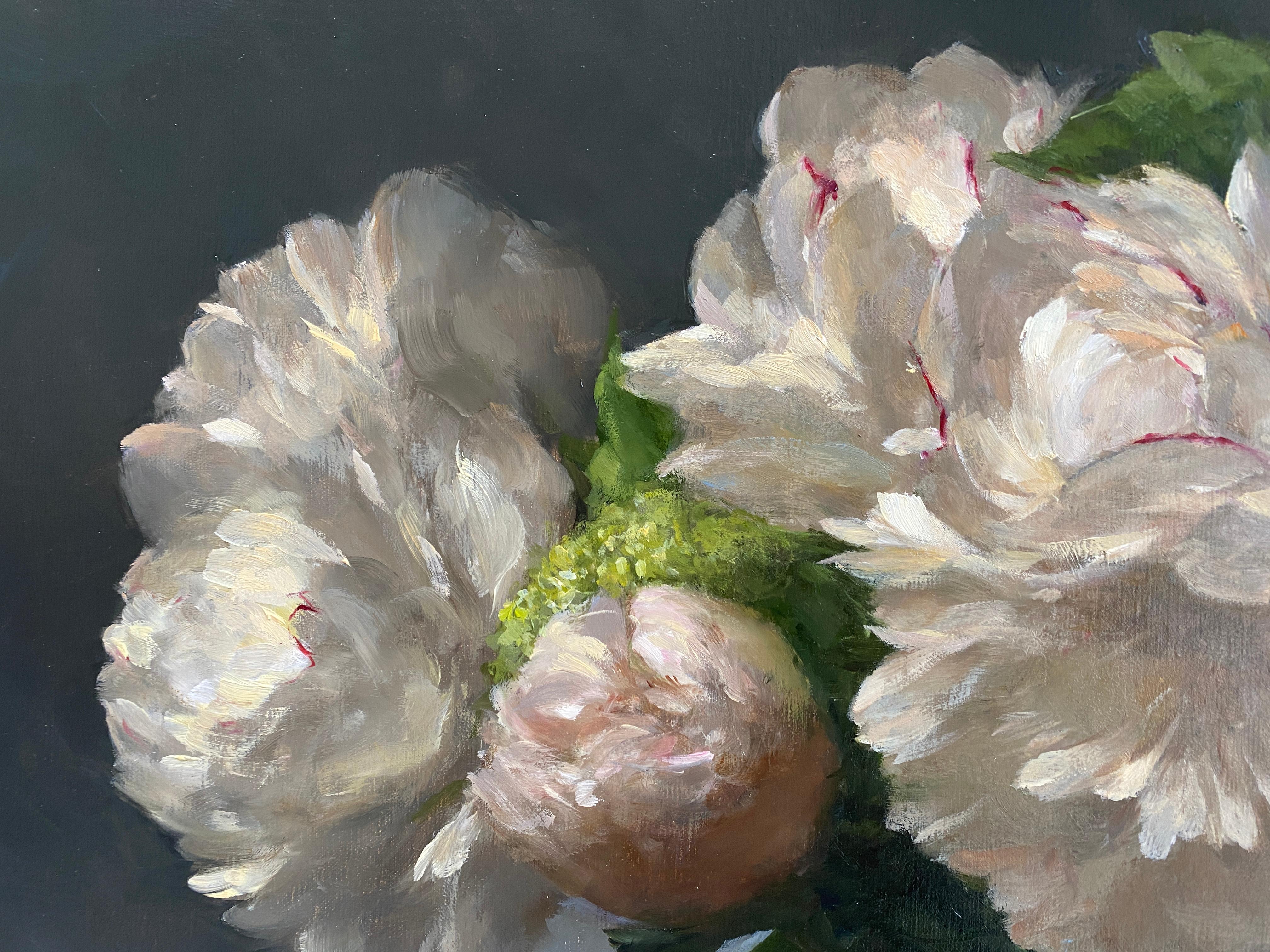 Peonies in Glass Vase - Black Still-Life Painting by Sarah Lamb