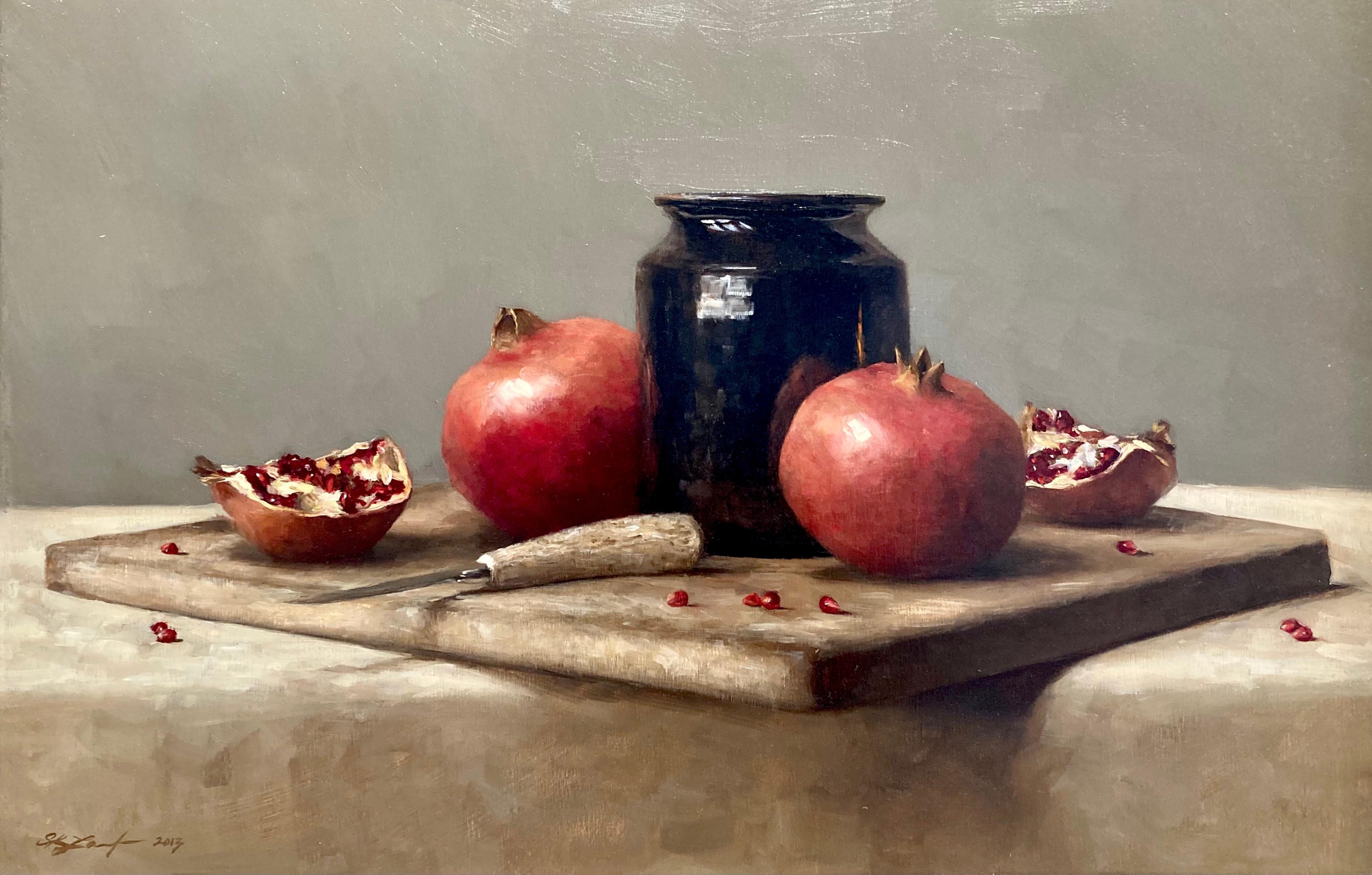 "Pomegranates and Earthenware" is a 2013 Sarah Lamb oil painting still life. 

Sarah Lamb is a talented and dynamic realist painter. With classical skill—and through transparency, depth and texture—she captures the minute details of everyday objects