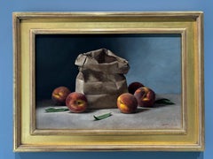 "Pesche in maturazione" Natura morta ad olio, Realista, Firmato, 20x27 pollici incorniciato