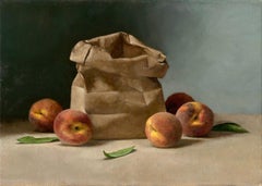 "Pesche in maturazione" Natura morta ad olio, Realista, Firmato, 20x27 pollici incorniciato