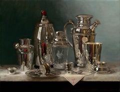 "Silver Shaker Selfie" Realist oil painting, polished cocktail bar set on table