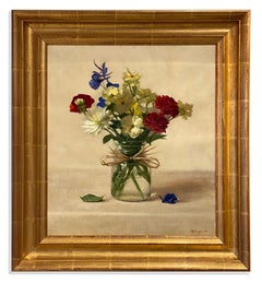 Texas Spring Bouquet (Realist still-life of red, white & blue vase of flowers)