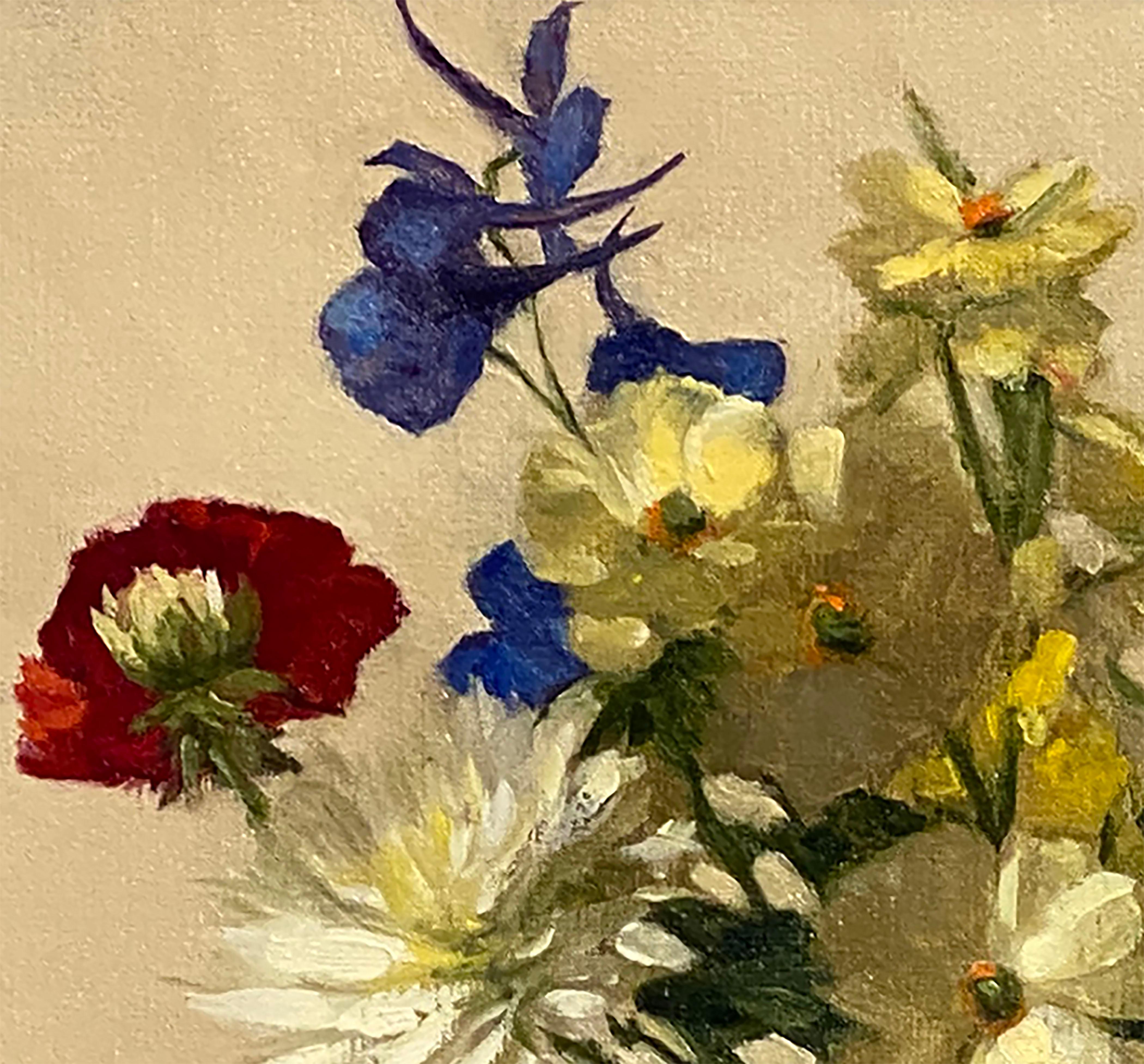 Texas Spring Bouquet (Realist still-life of red, white & blue vase of flowers) - Brown Still-Life Painting by Sarah Lamb