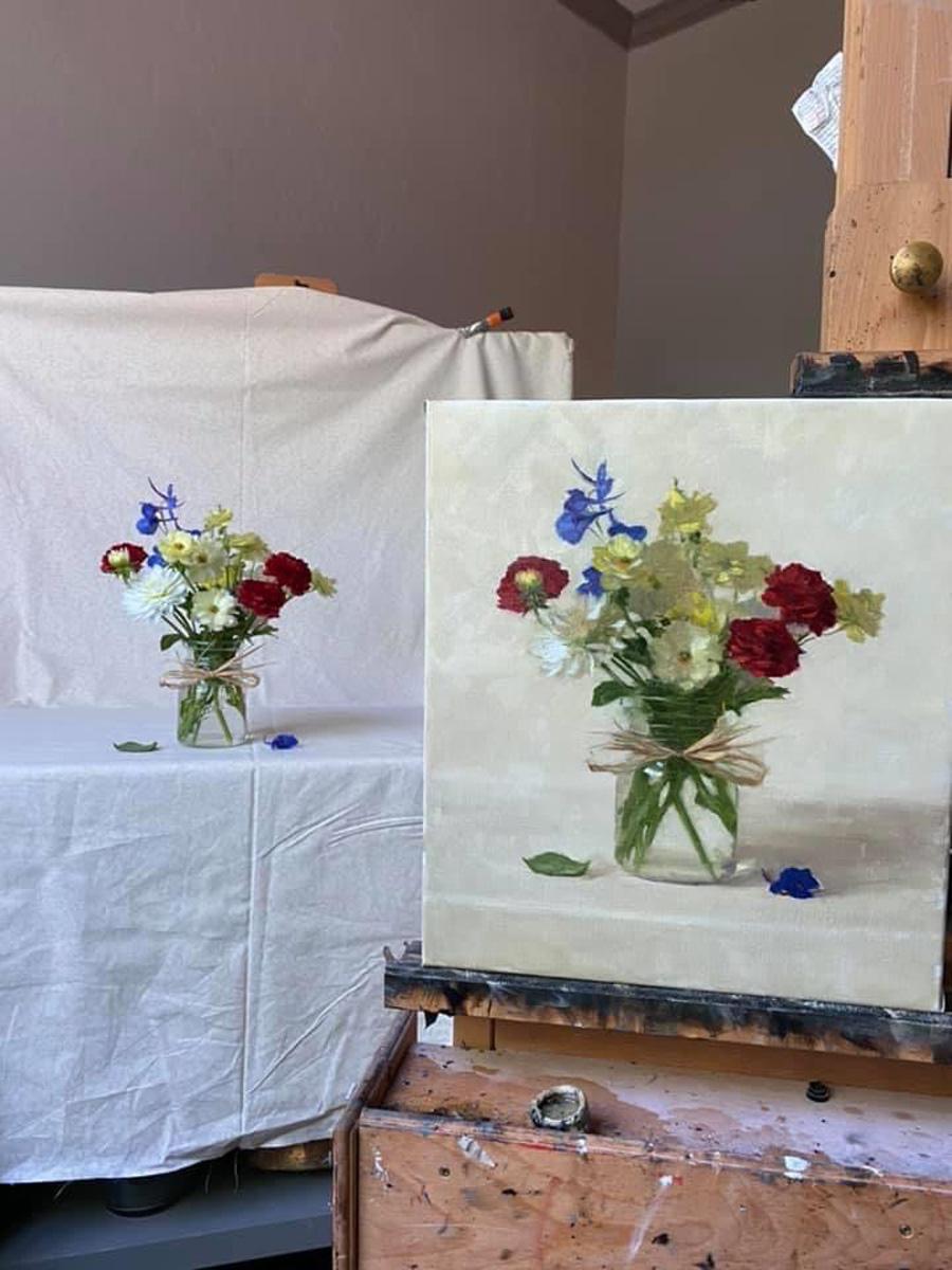 Texas Spring Bouquet (Realist still-life of red, white & blue vase of flowers) For Sale 1