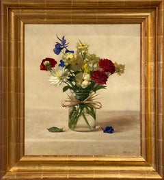 Texas Spring Bouquet (Realist still-life of red, white & blue vase of flowers)