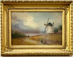 Antique 19th century British landscape, Windmill with people by field of corn or wheat