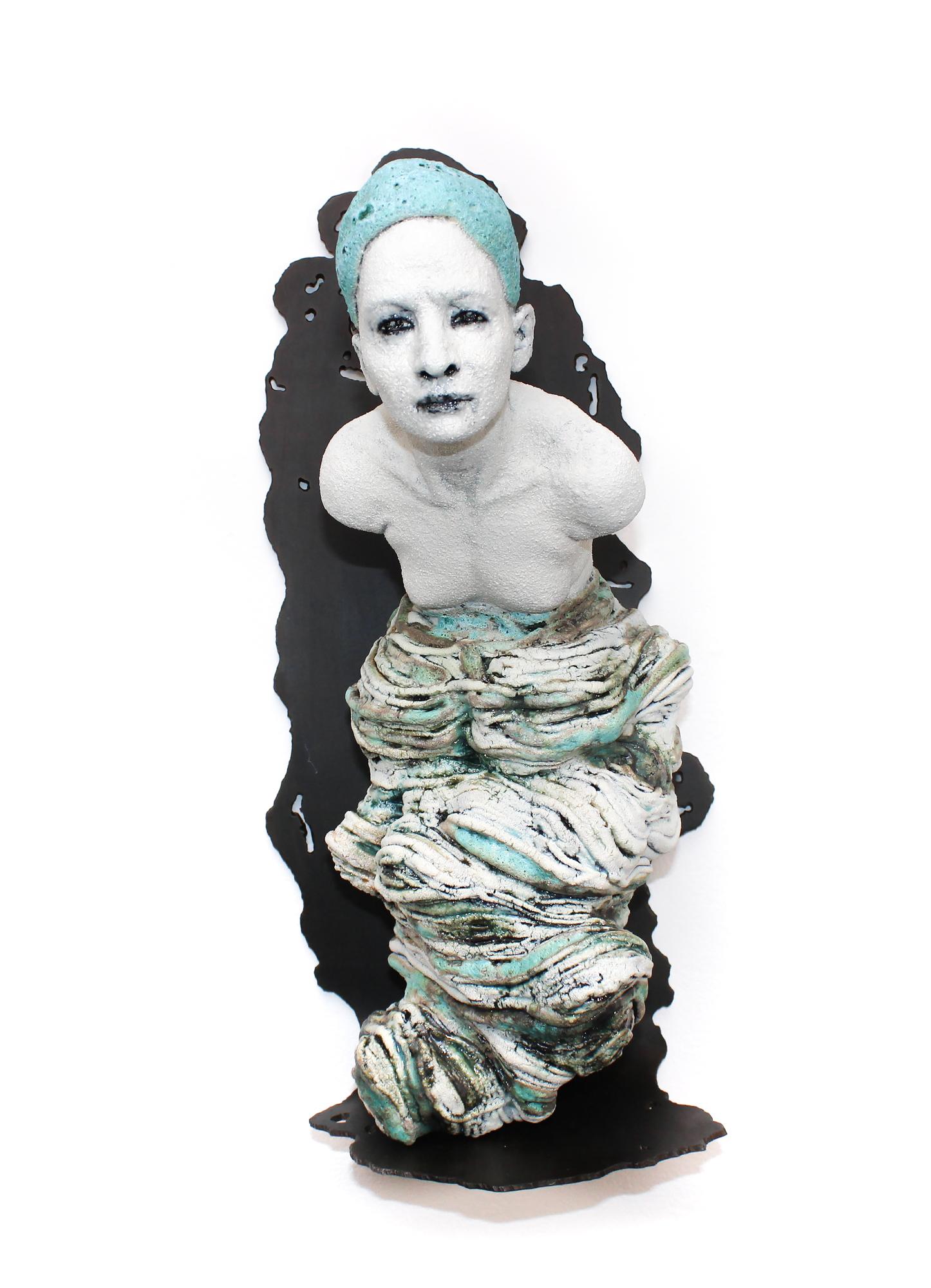 Sarah Louise Davey Figurative Sculpture - "Tethered", Wall-Mounted Sculpture, Figurative, Ceramic, Metal, Blue, White