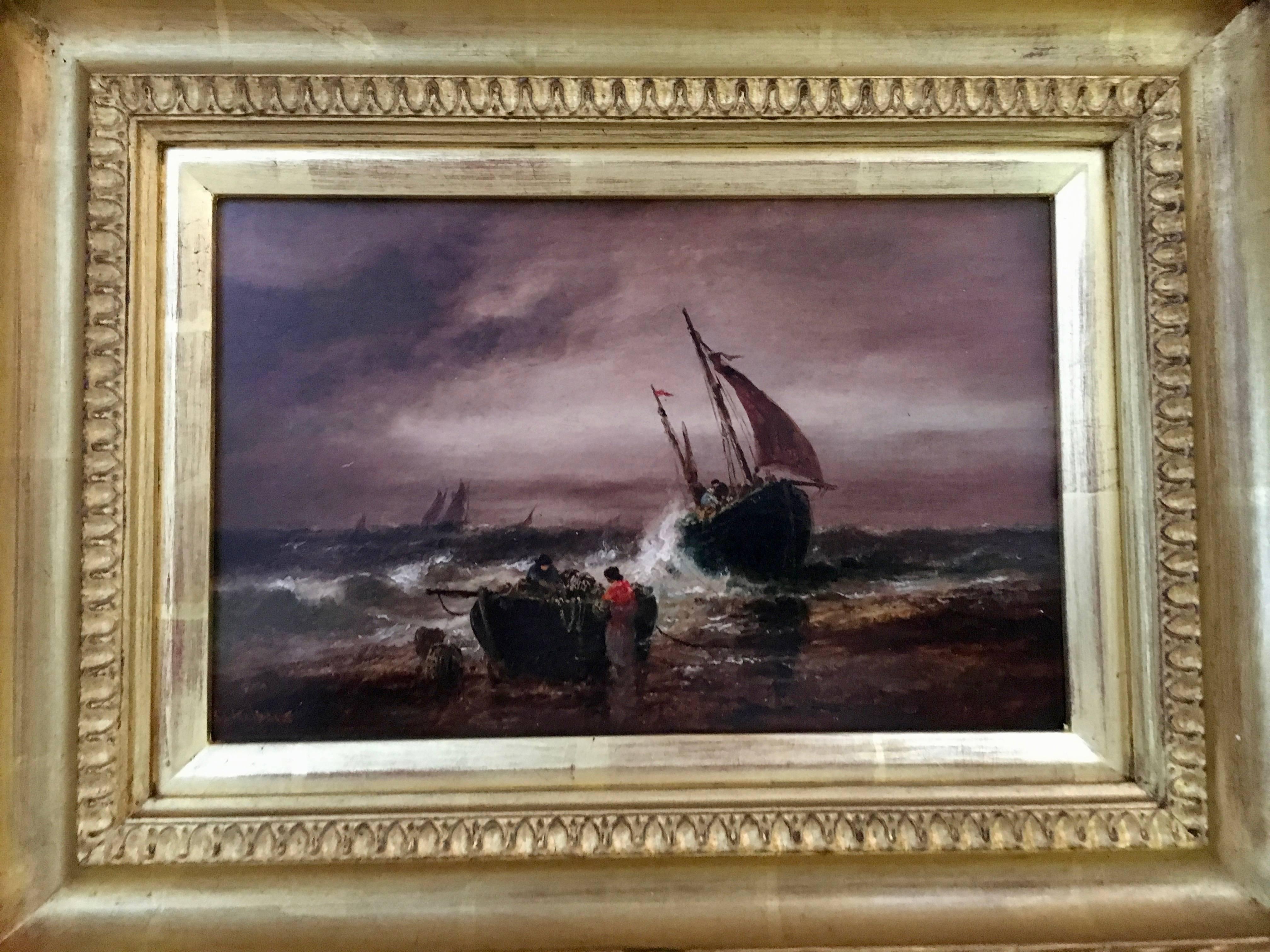 Victorian marine scene of fishing boats in a rough sea - Painting by Sarah Louise Kilpac