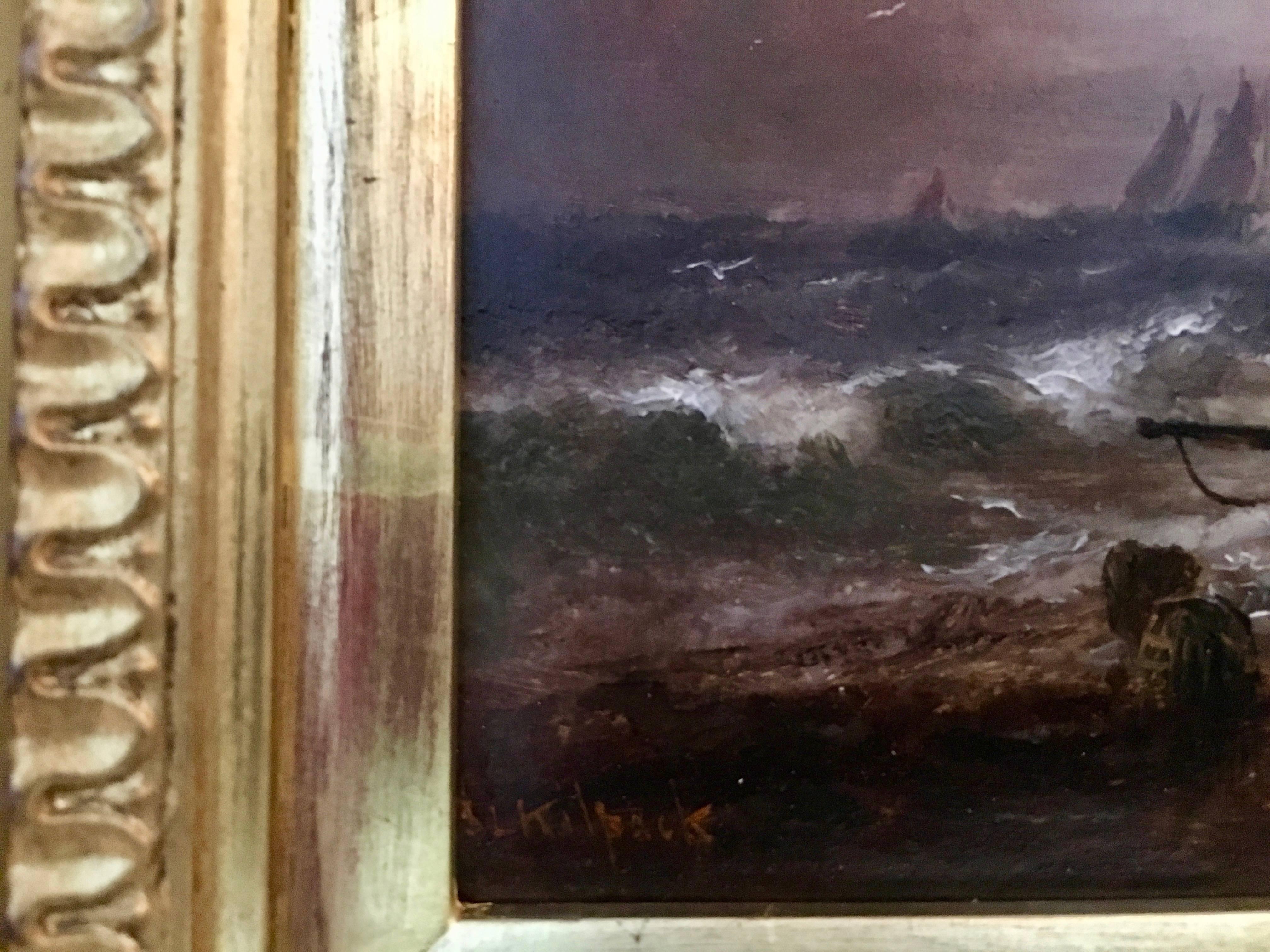 Victorian marine scene of fishing boats in a rough sea - Brown Figurative Painting by Sarah Louise Kilpac