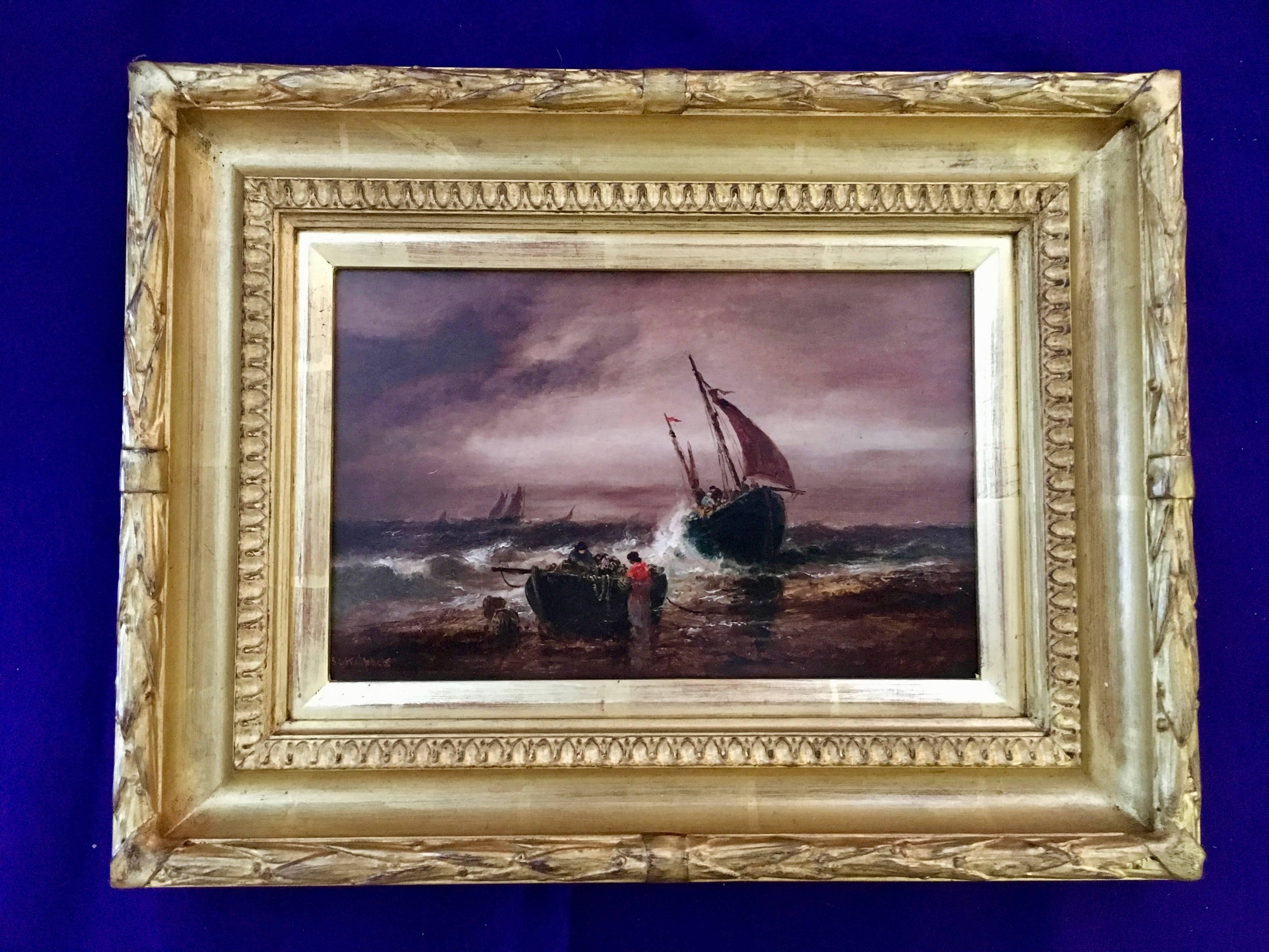 Sarah Louise Kilpac Figurative Painting - Victorian marine scene of fishing boats in a rough sea