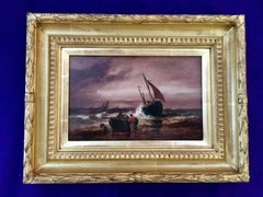 Victorian marine scene of fishing boats in a rough sea