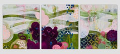 Flume, green and purple abstract painting on linen, triptych, flowers