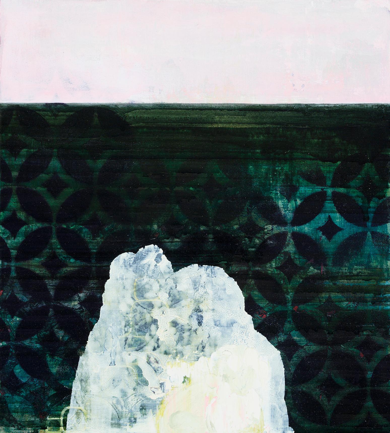 Sarah Lutz Landscape Painting - Temple, green and white abstract painting on panel