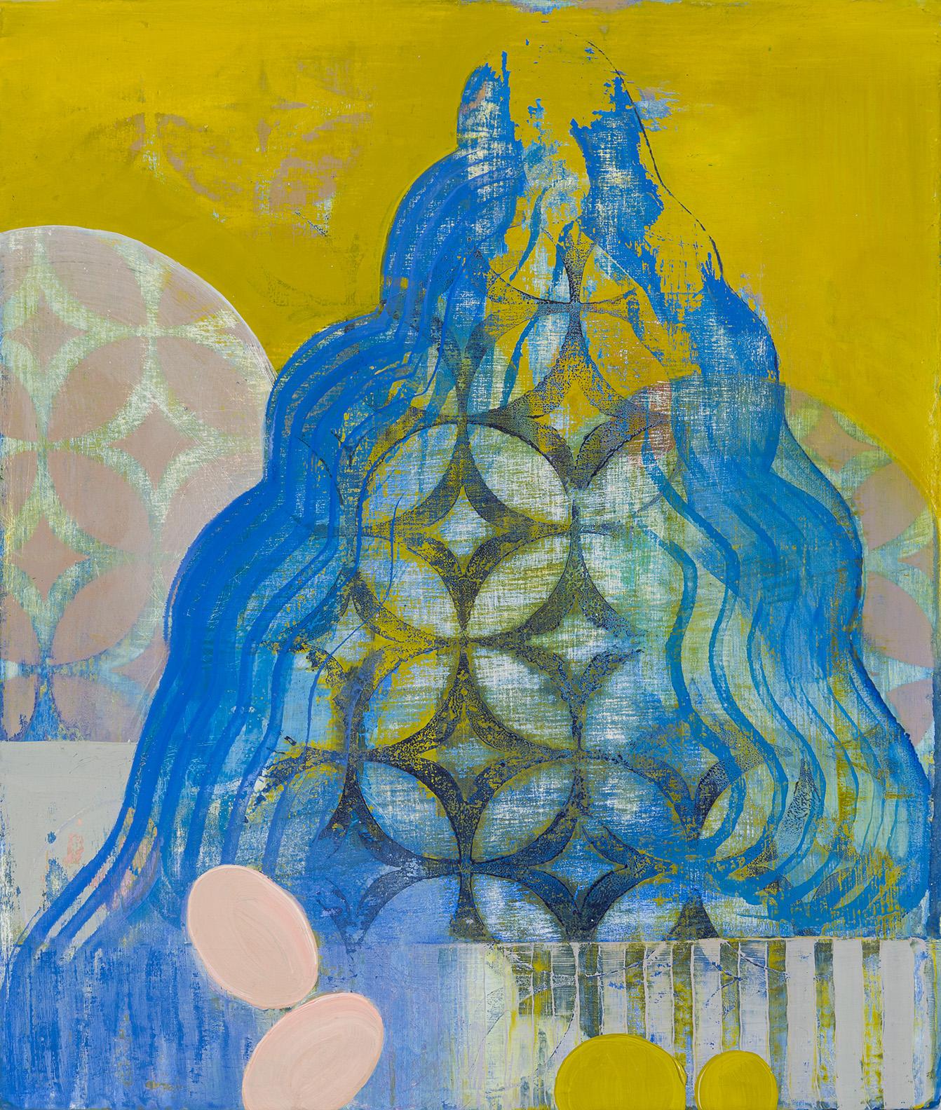 Trestle, yellow and blue abstract oil painting on panel - Painting by Sarah Lutz