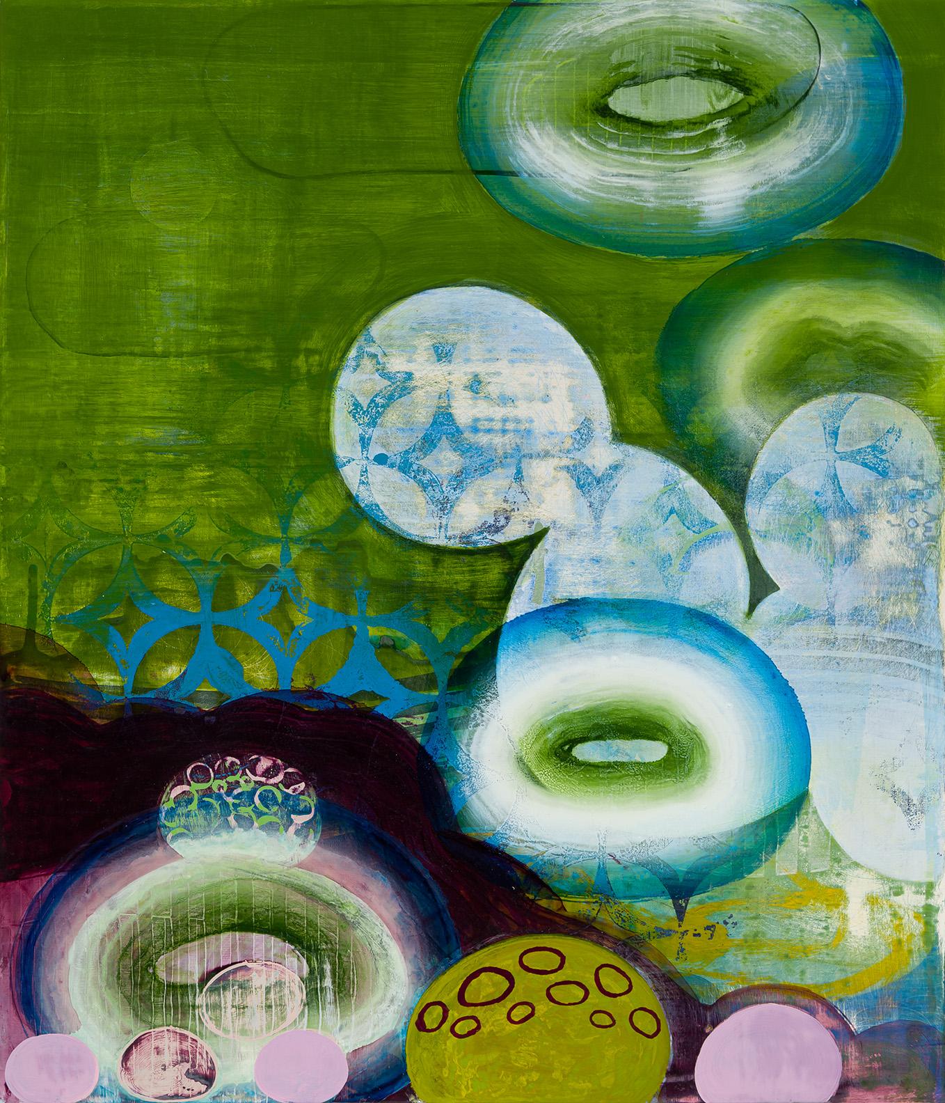 Sarah Lutz Abstract Print - Adrift, green and purple abstract geometric painting on panel