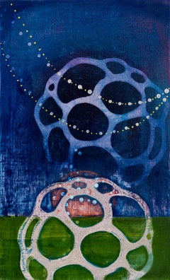 Domino XI, abstract painting, oil and spray paint on panel, pastel colors