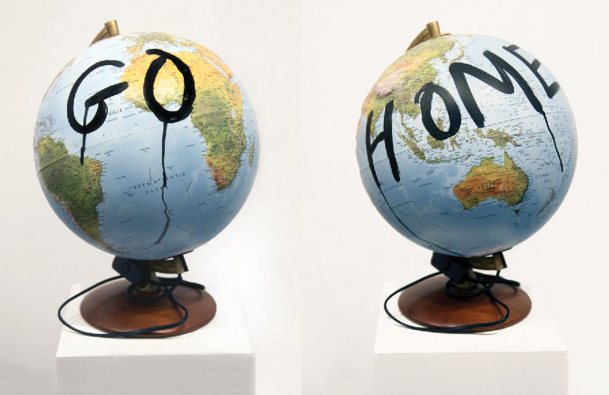Go Home, Sculpture, Globe, World Map, Political Art, Signed - Mixed Media Art by Sarah Maple