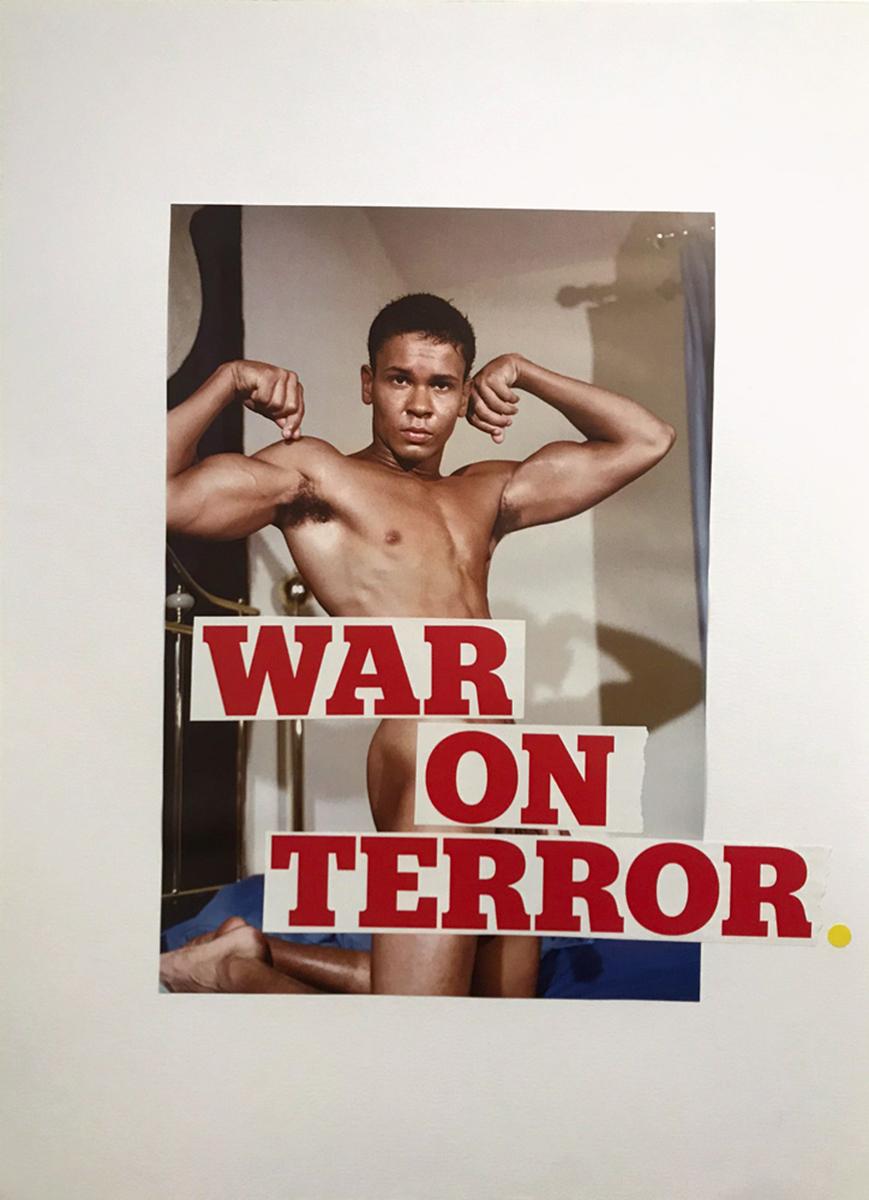 Collage technique mixte « Guerre sur terreur », plexiglas jaune, photographie de portrait - Contemporain Mixed Media Art par Sarah Maple