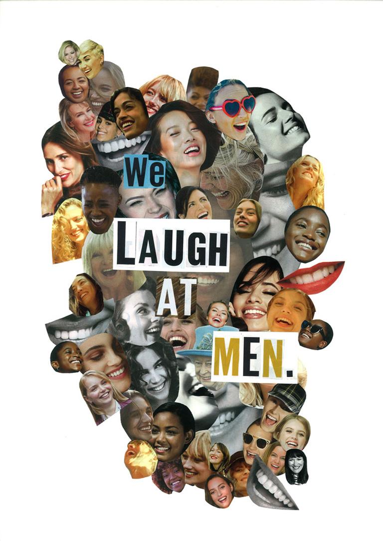 We Laugh At Men, Collage, Feminist Art, Mounted on Plexiglass, Signed, Framed - Print by Sarah Maple