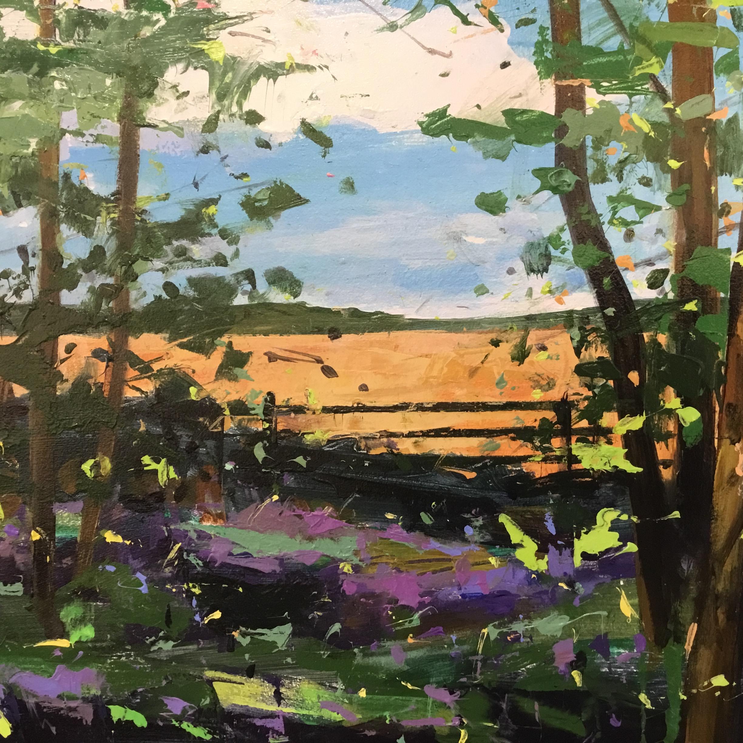 ‘Great Is Your Love’ is an original landscape painting of bluebells. It is a contemporary and impressionistic work of a view from a path through a border of bluebells to a field beyond a fence. My work celebrates the beauty and hum of nature. They