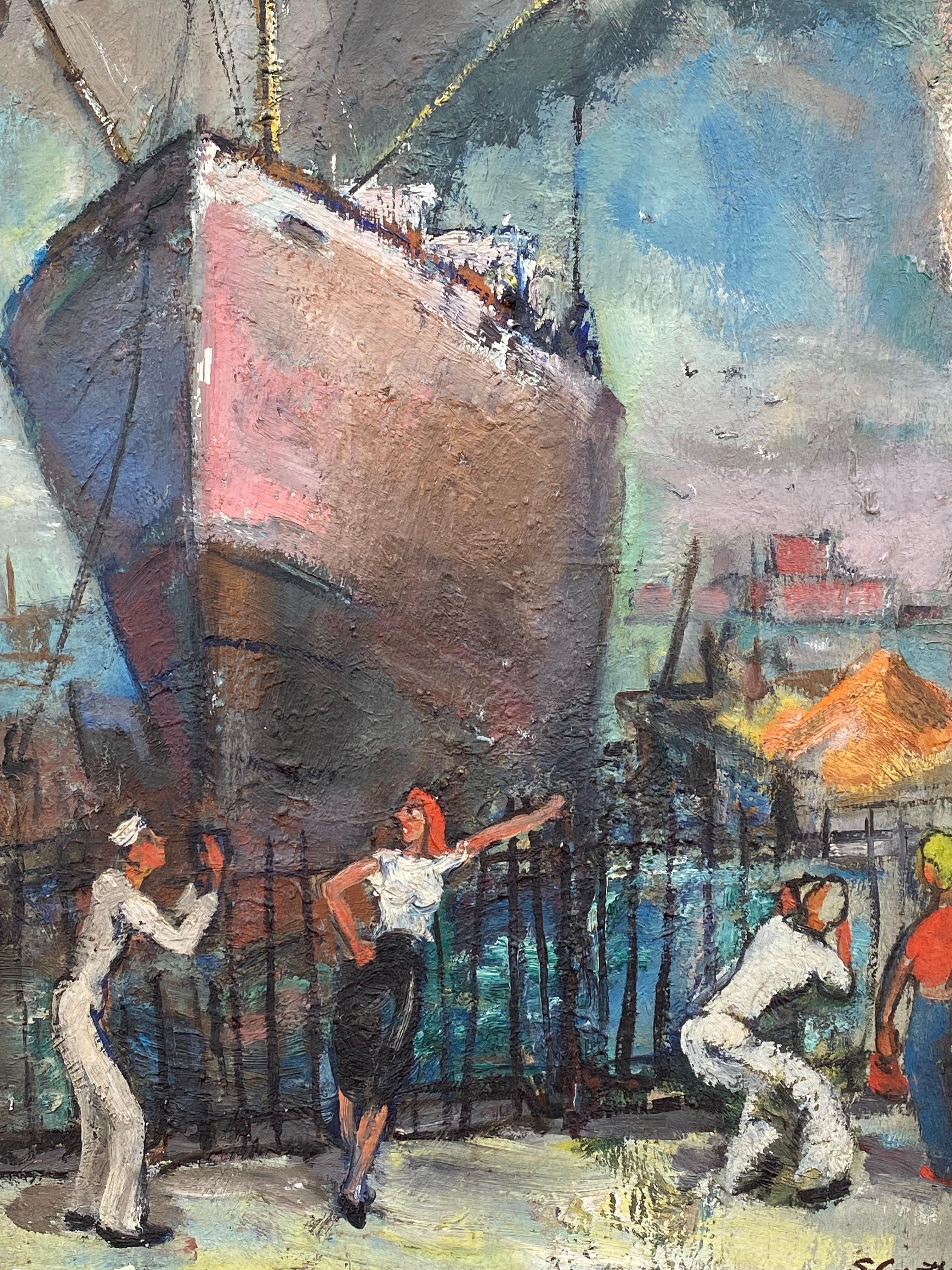 Dipinto originale a olio su masonite della Settimana della Flotta con marinai che flirtano con giovani donne sul molo, opera dell'artista americana Sarah Pace Carothers Rhode. Firmato in basso a destra. Circa 1945. Le condizioni sono molto buone.
