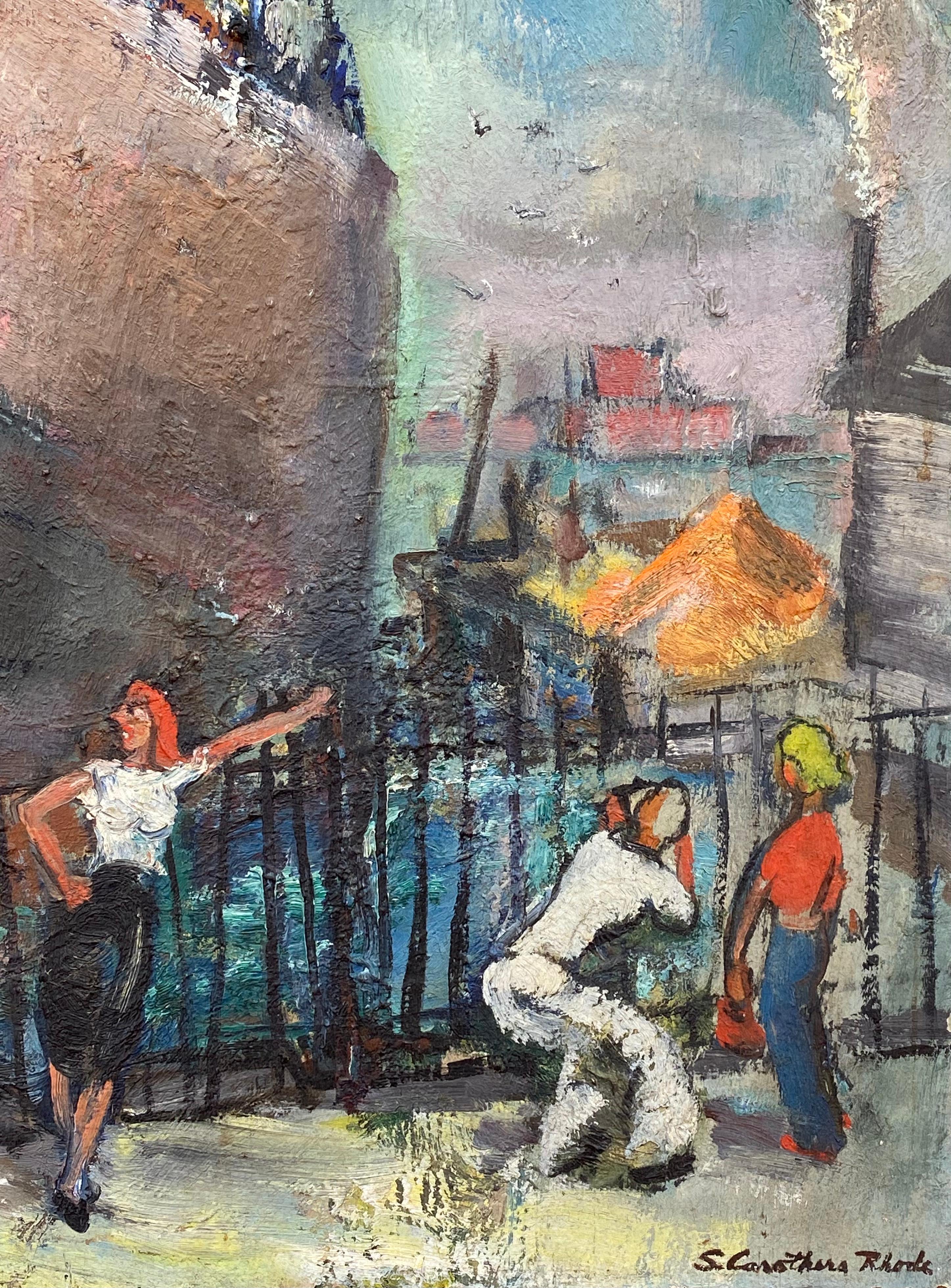 Original oil on masonite painting of Fleet Week with sailors flirting with young women on the dock by the American artist, Sarah Pace Carothers Rhode. Signed lower right. Circa 1945. Condition is very good. Newly framed in a contemporary gold