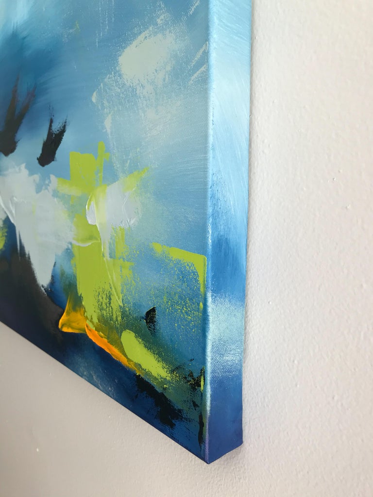 <p>Artist Comments<br />Coastal-inspired abstract painting created with gestural brushstrokes of cool blues contrasted with bright pops of yellow-green and orange. Artist Sarah Parsons played up the moody feeling of a cloudy day at beach, with