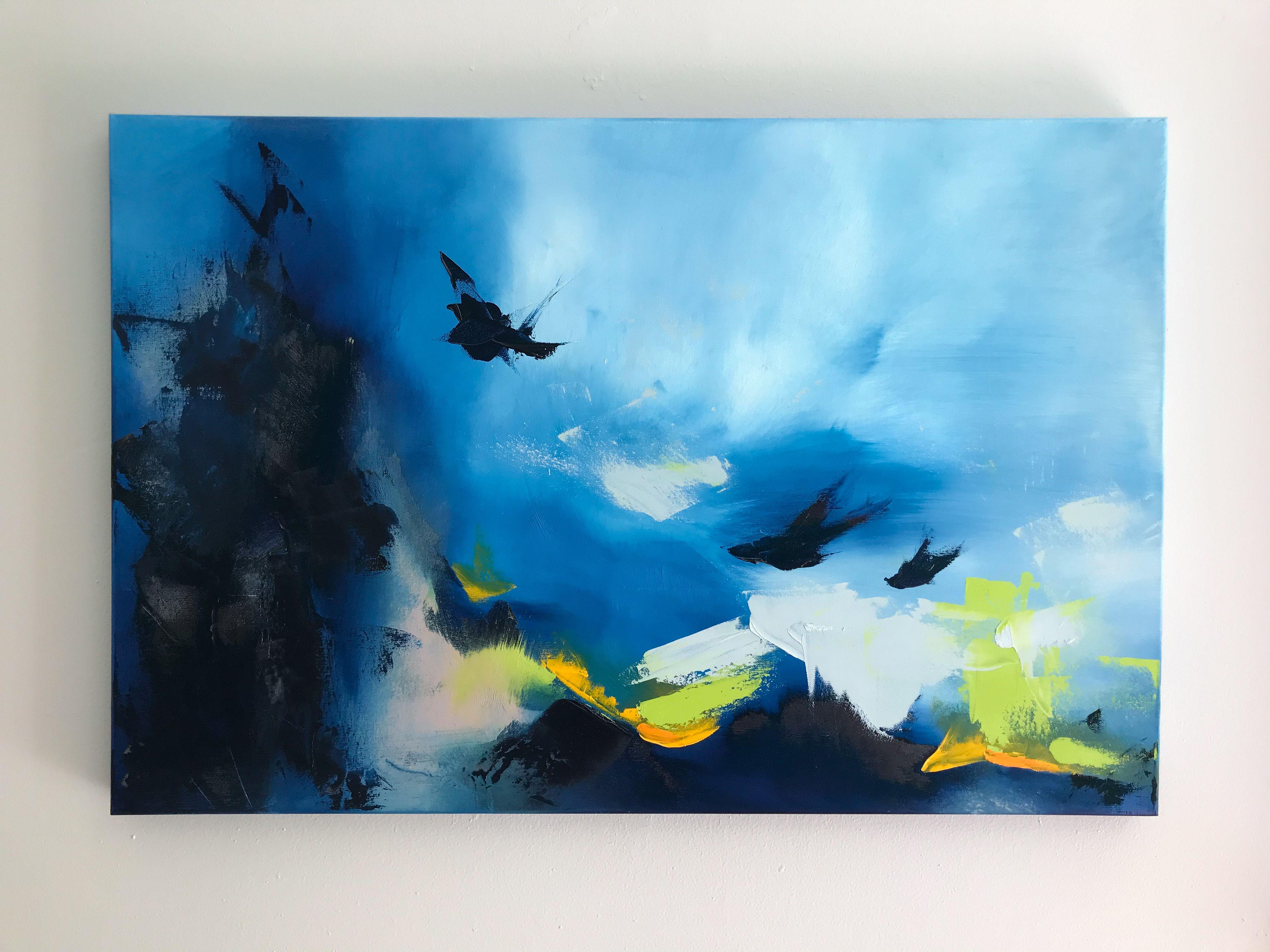 Abstract coastal-inspired painting created with gestural brush strokes of moody cool blues contrasted with bright pops of color.     This painting continues around the edges for a gallery wrapped finish. It arrives ready to hang with a wire fastened