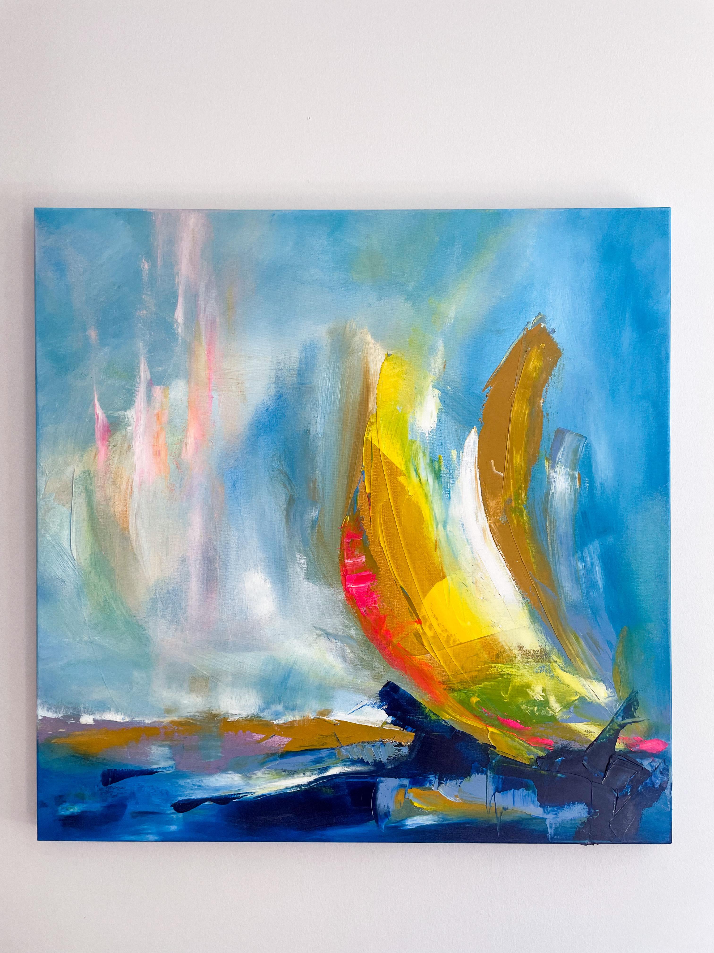 <p>Artist Comments<br>Artist Sarah Parsons paints a colorful abstract in expressive colors and dynamic painterly strokes. Deep shades of royal blue diverge from a dreamy haze of powder blue, suggestive of a seascape being treaded by a yellow-masted