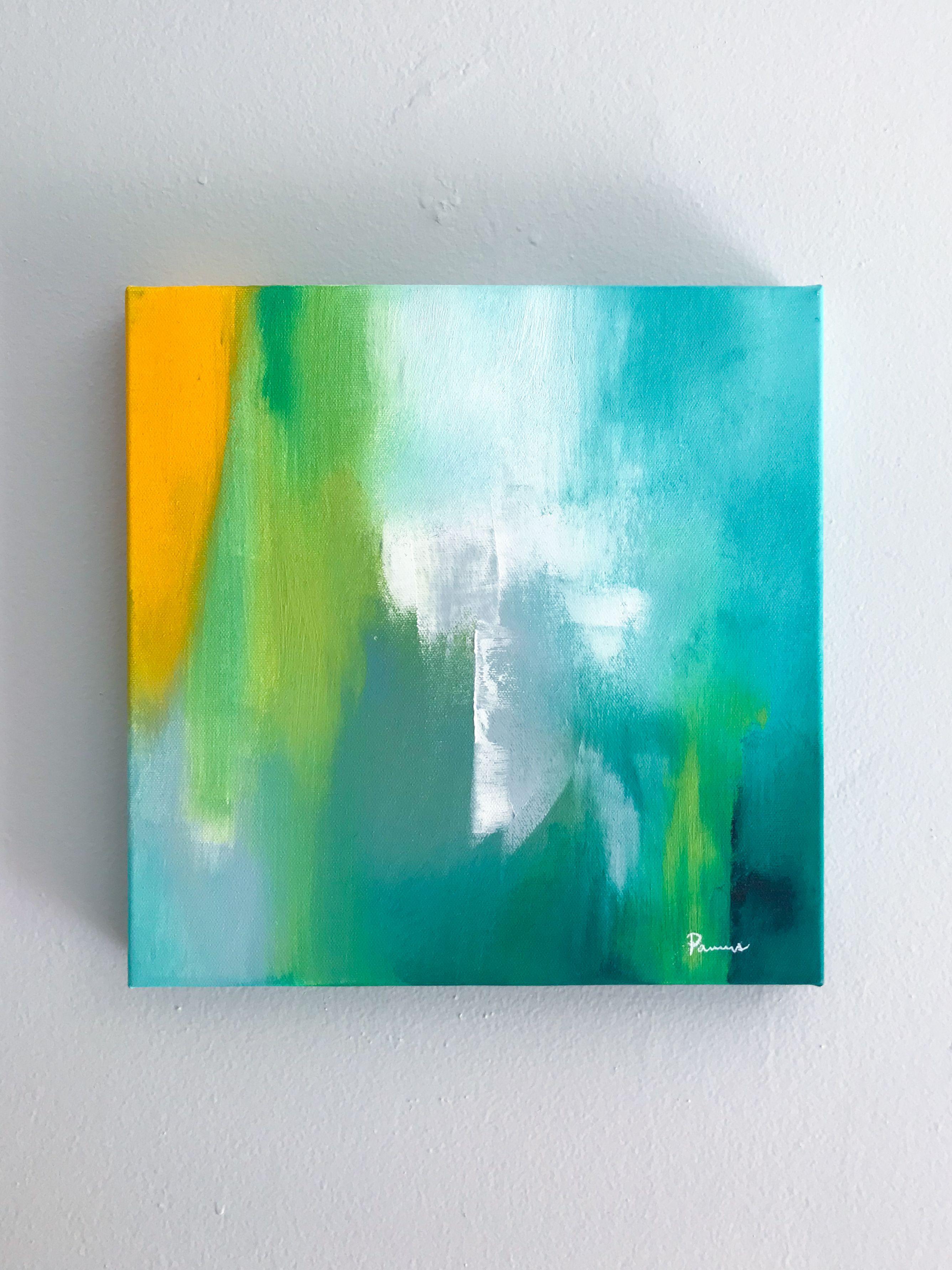 Warm ocean breezes and gulf coast blues and greens inspired this happy painting.    The painting continues around the edges for a gallery wrapped finish. The painting will arrive ready to hang with a hanger attached to the back. :: Painting ::
