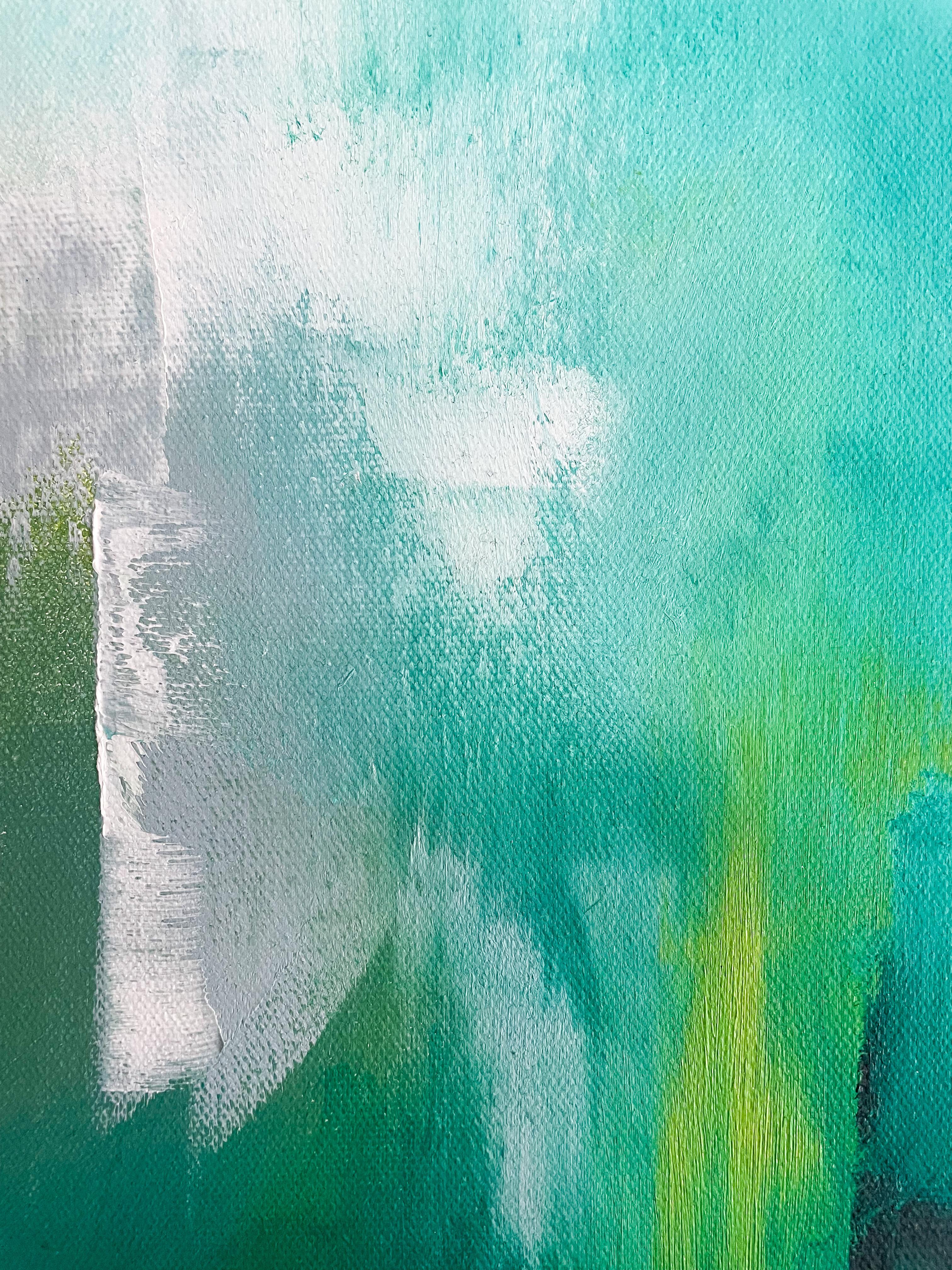 <p>Commentaires de l'artiste<br>Un dégradé de turquoise dessine la toile du paysage abstrait de l'artiste Sarah Parsons. Elle peint la sensation de l'herbe fraîche sur les pieds nus et l'air vivifiant de la fin de l'été. Des accents stimulants de