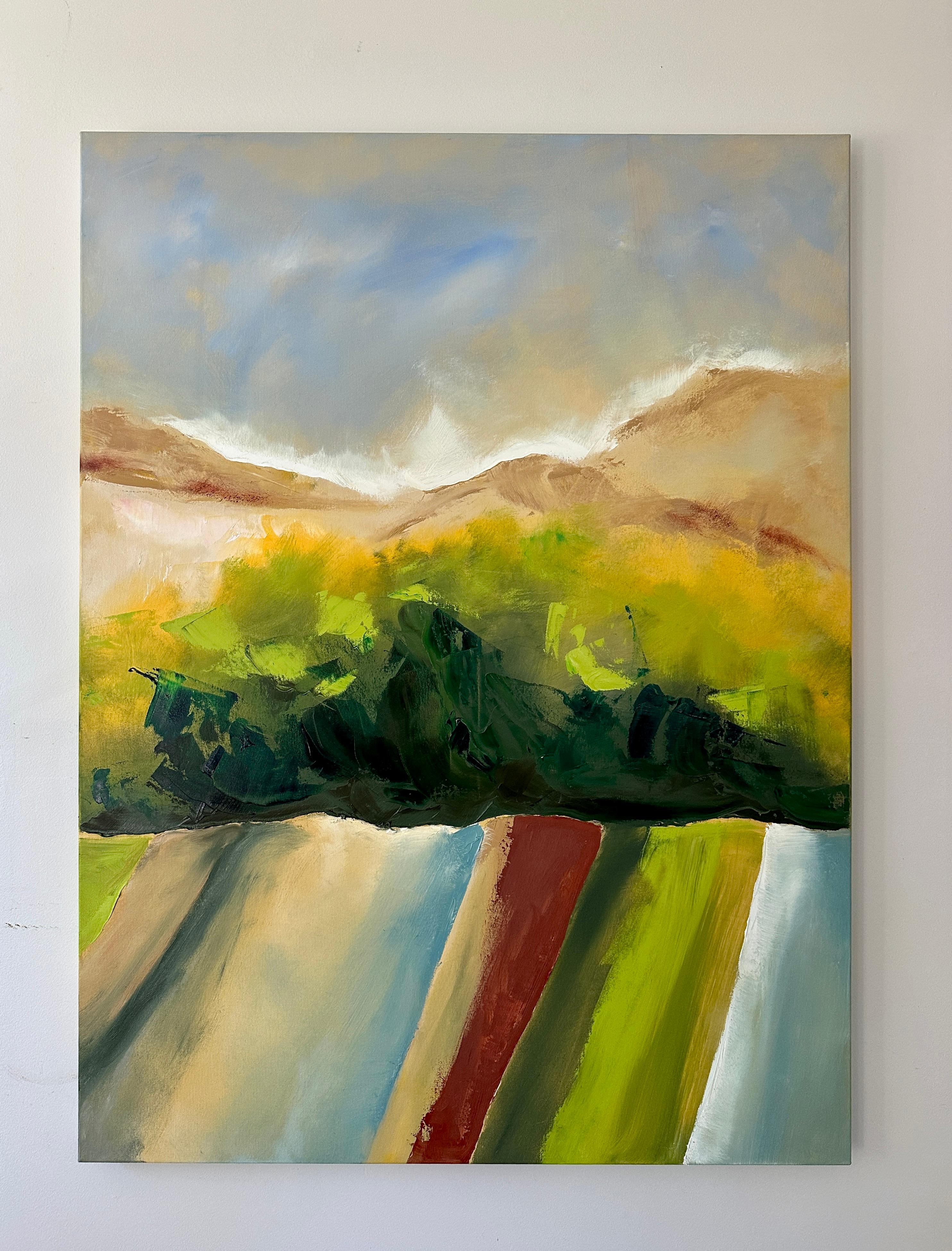 Gemalte Weiden, Abstrakte Ölmalerei (Braun), Landscape Painting, von Sarah Parsons