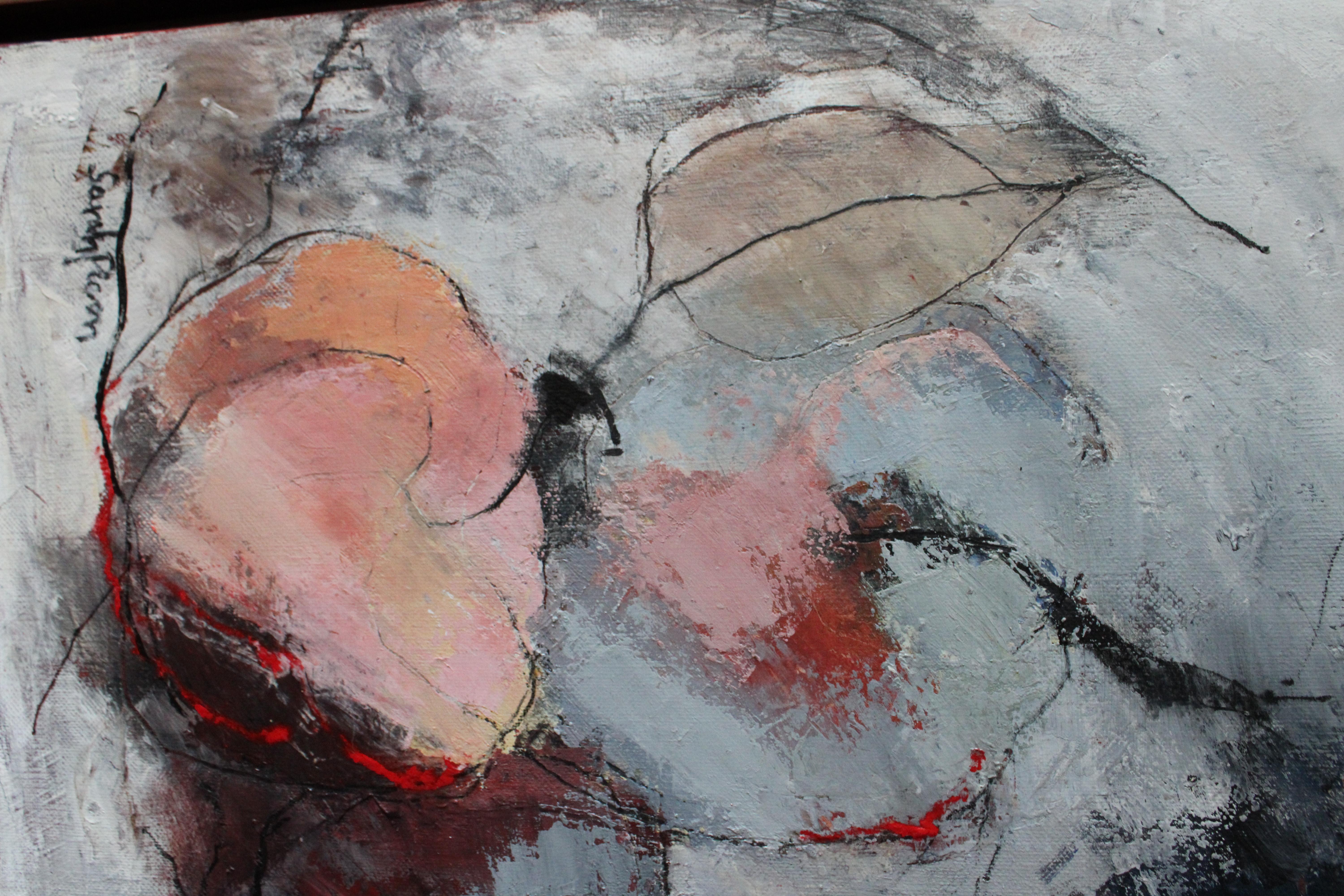 Abstraktes Stillleben Ölgemälde auf Leinwand von Rosa Äpfel von Sarah Picon 2003 im Angebot 4